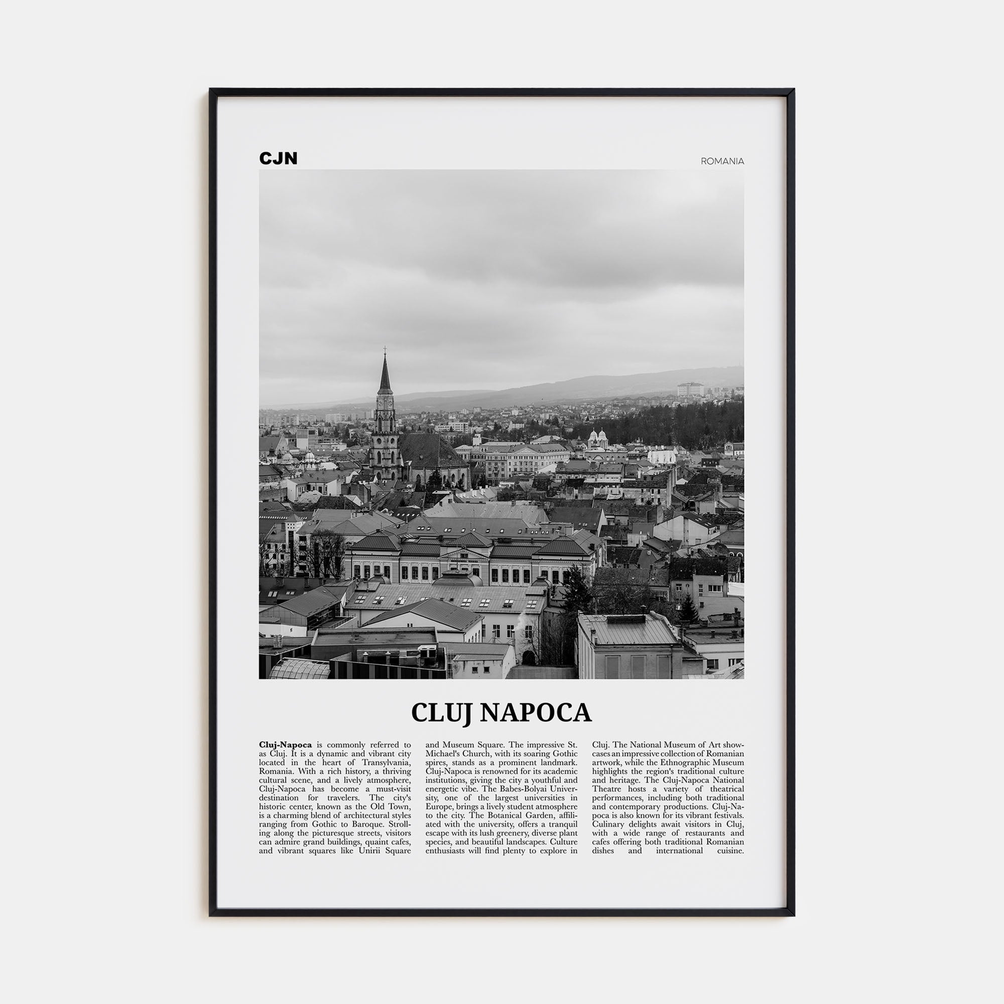 Cluj-Napoca Travel B&W Poster