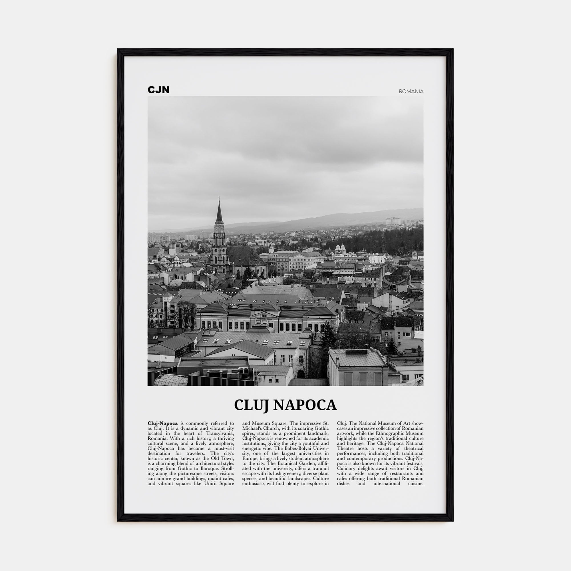 Cluj-Napoca Travel B&W Poster