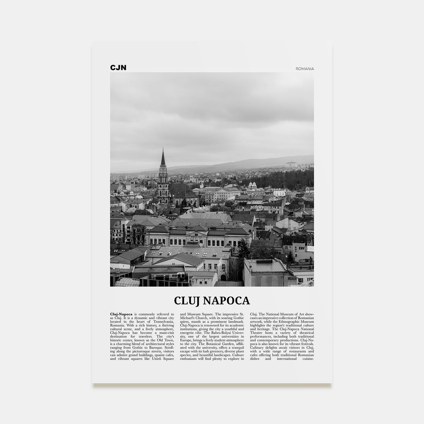 Cluj-Napoca Travel B&W Poster