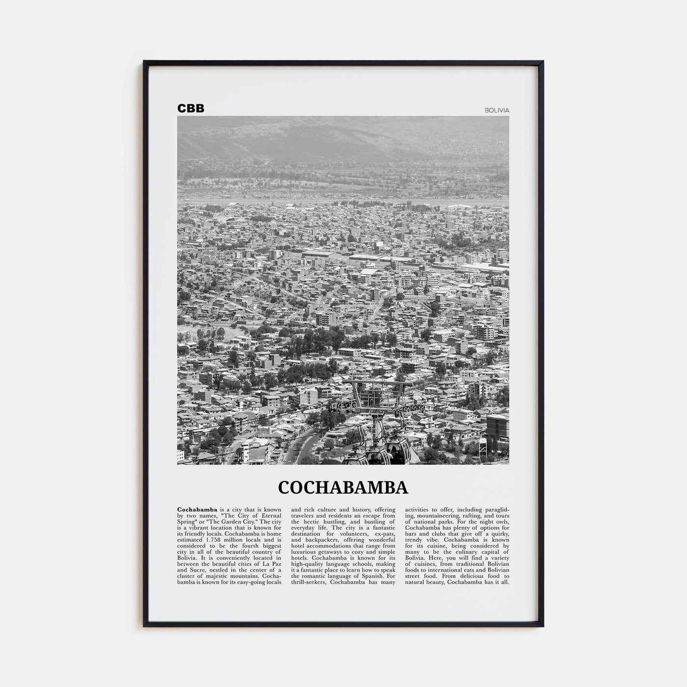 Cochabamba Travel B&W Poster