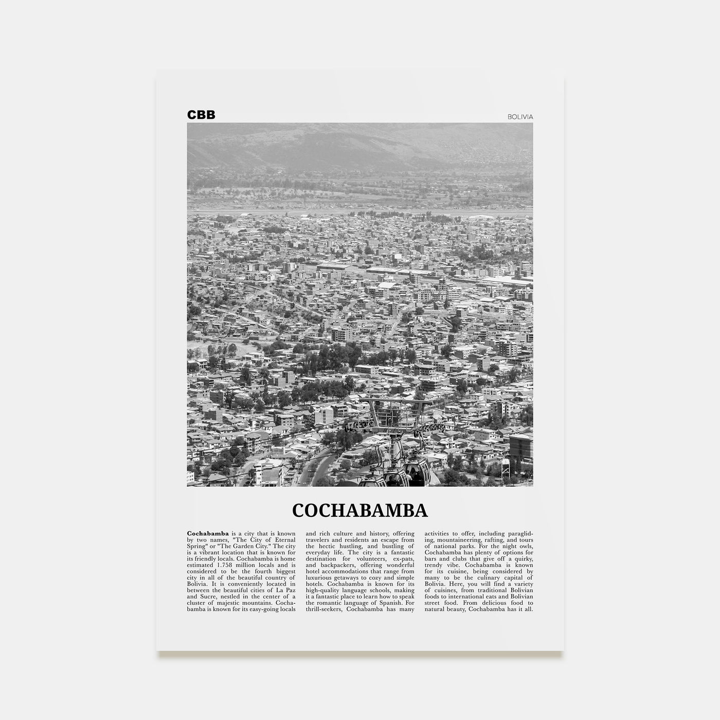 Cochabamba Travel B&W Poster