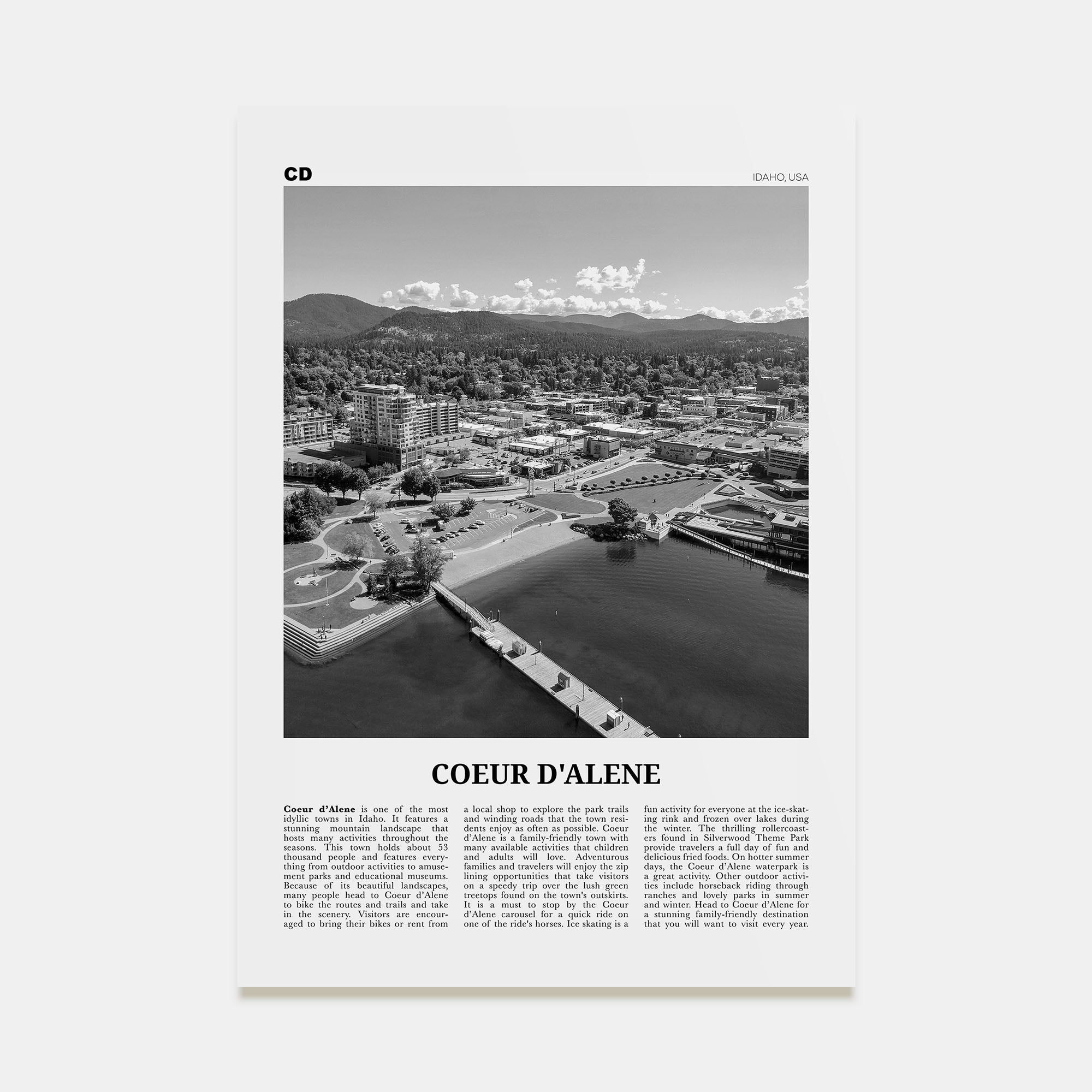 Coeur d'Alene Travel B&W Poster