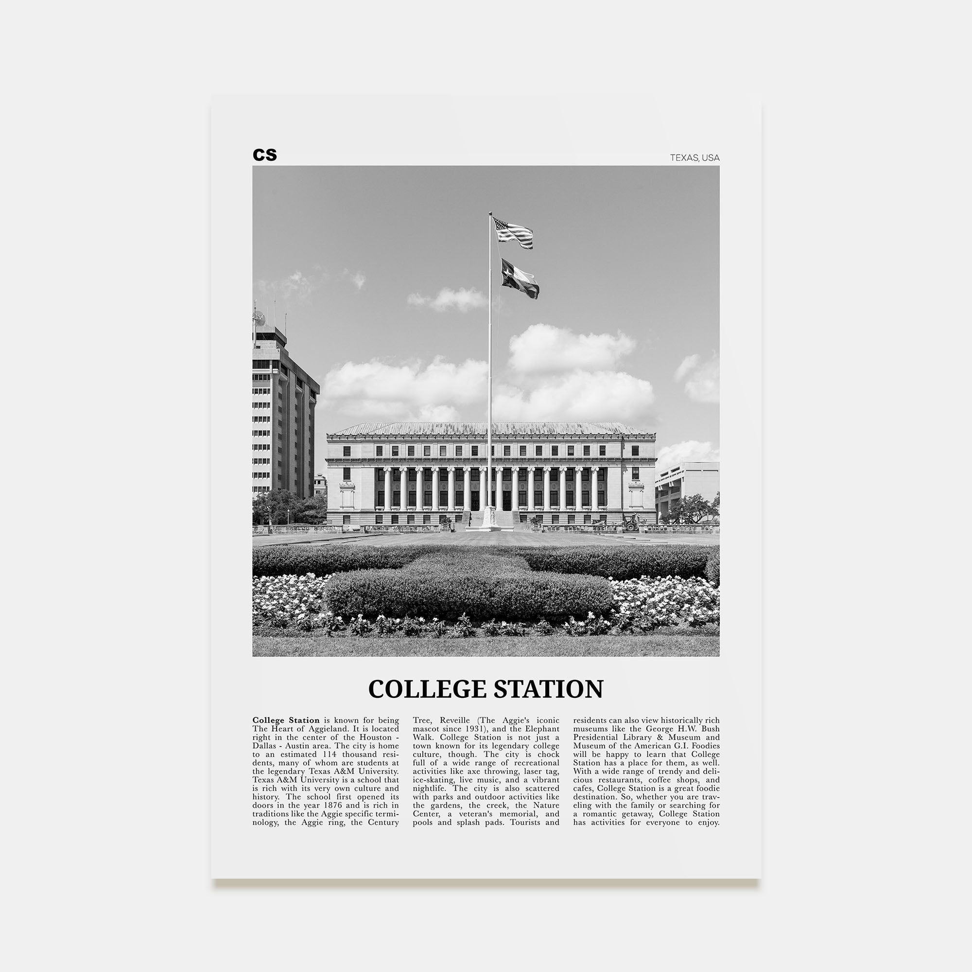 College Station Travel B&W Poster