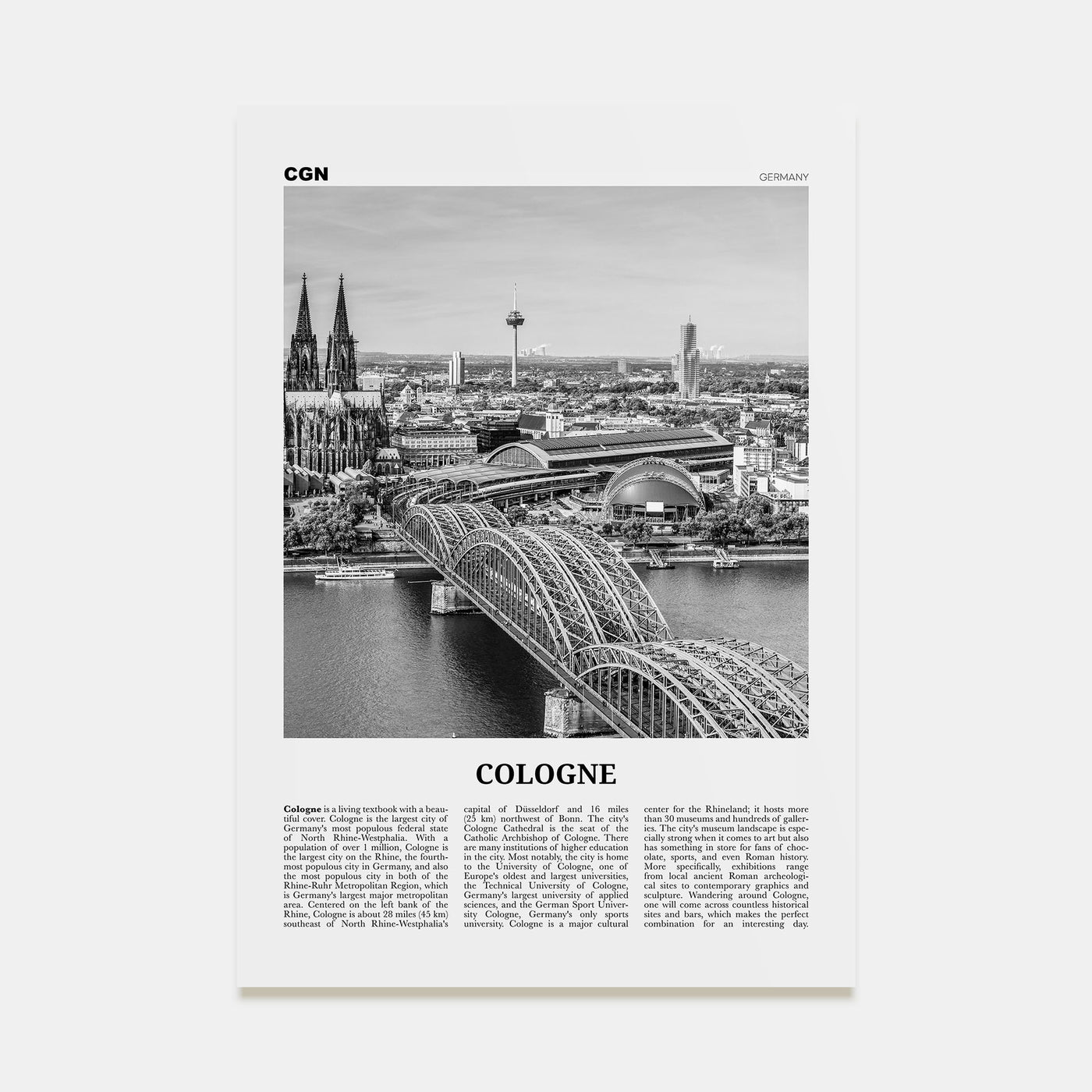 Cologne Travel B&W Poster