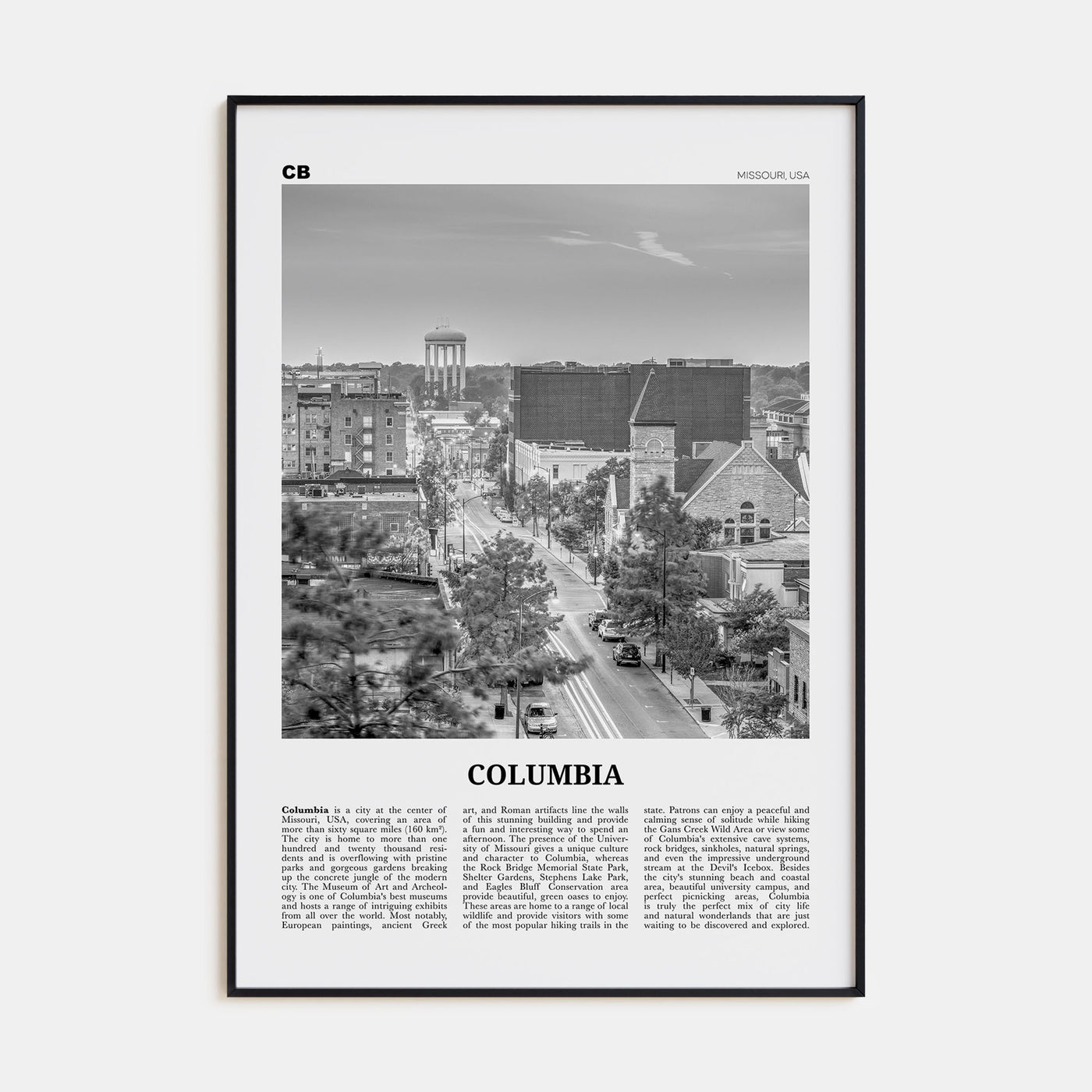 Columbia, Missouri Travel B&W Poster