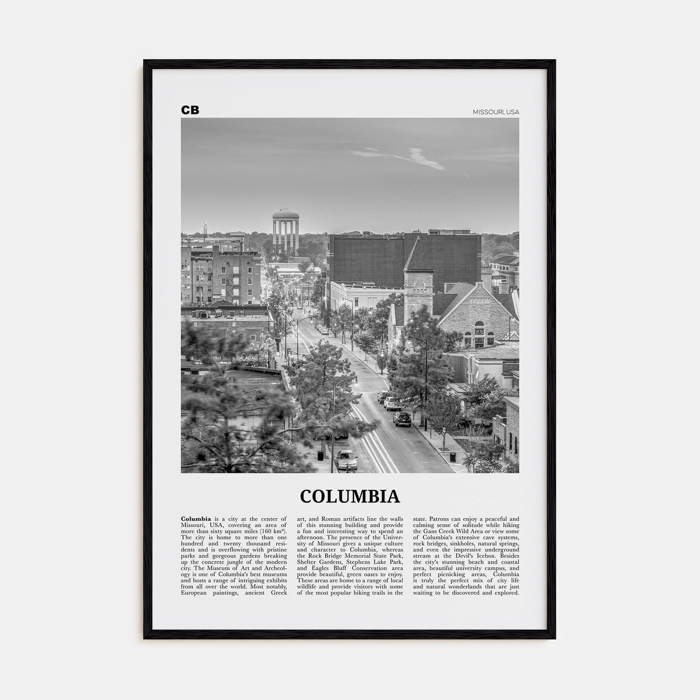Columbia, Missouri Travel B&W Poster