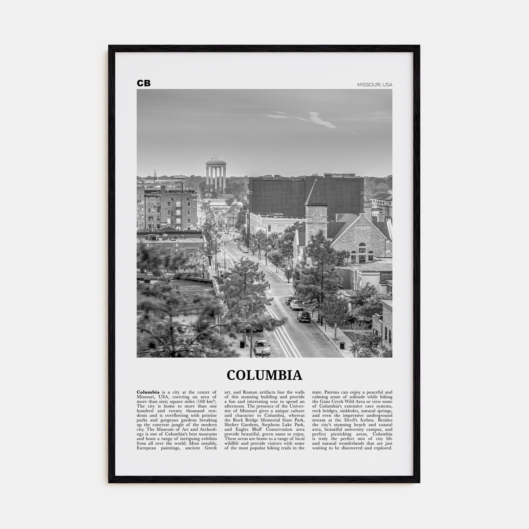 Columbia, Missouri Travel B&W Poster