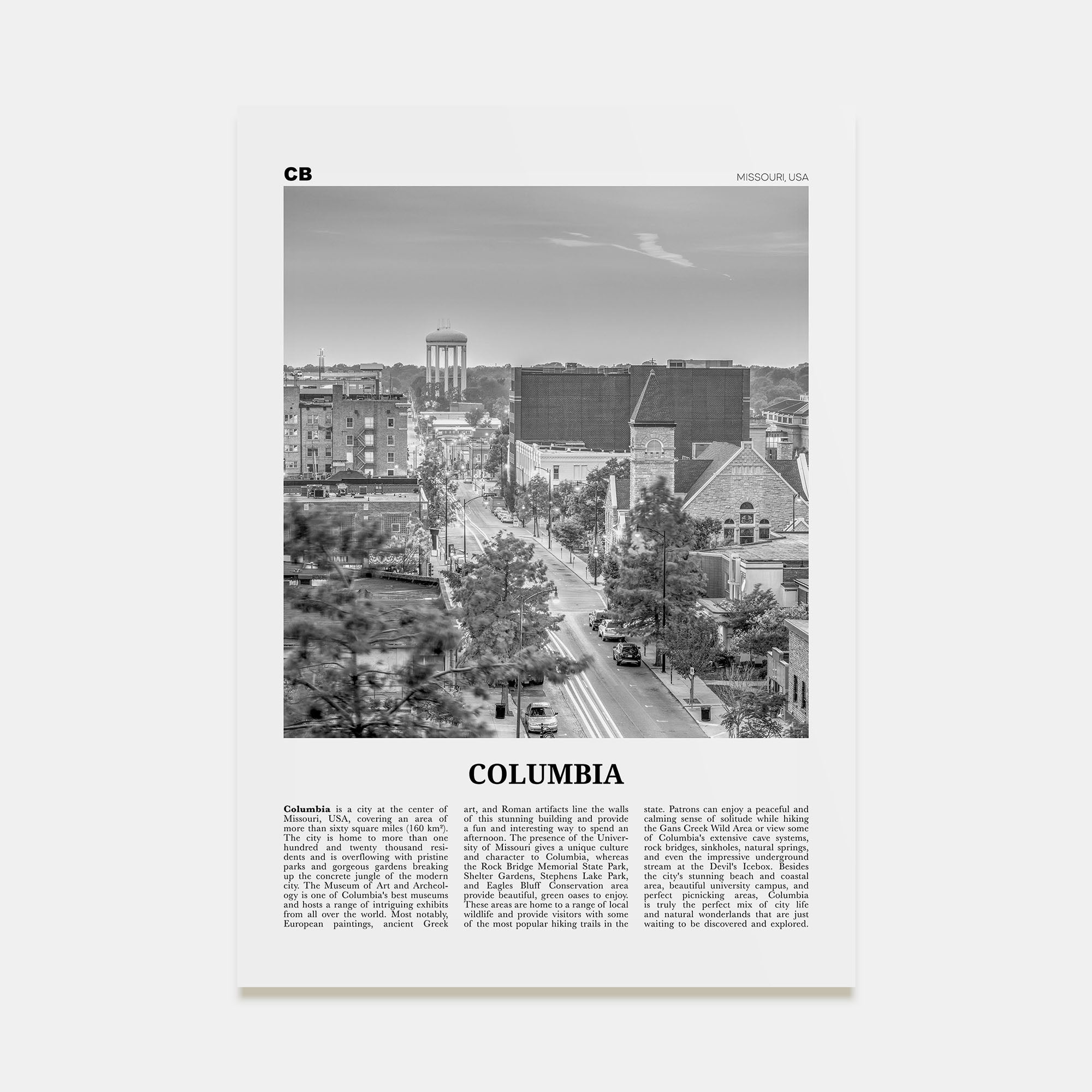 Columbia, Missouri Travel B&W Poster
