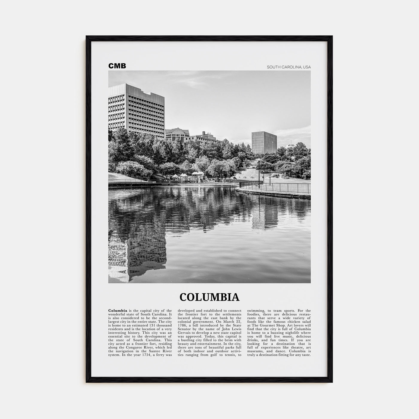 Columbia, South Carolina Travel B&W Poster