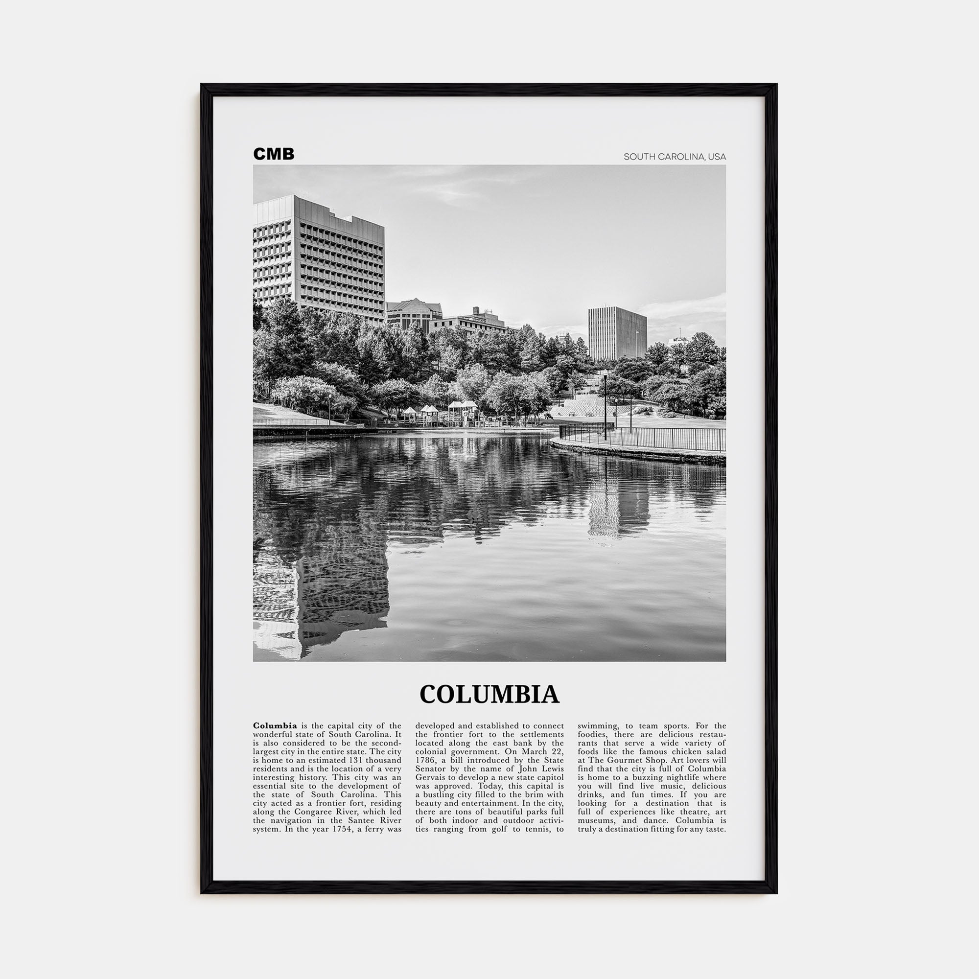 Columbia, South Carolina Travel B&W Poster