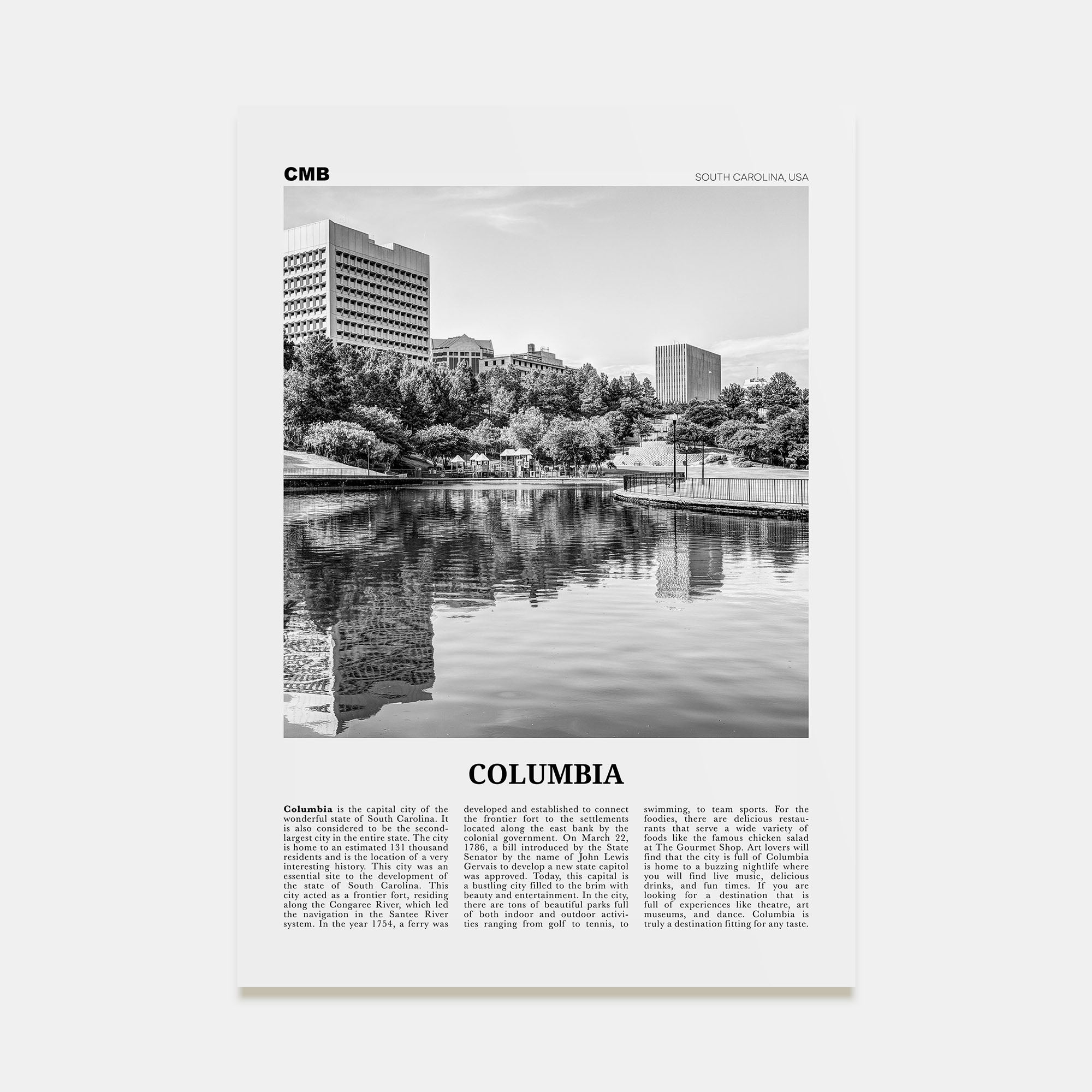 Columbia, South Carolina Travel B&W Poster