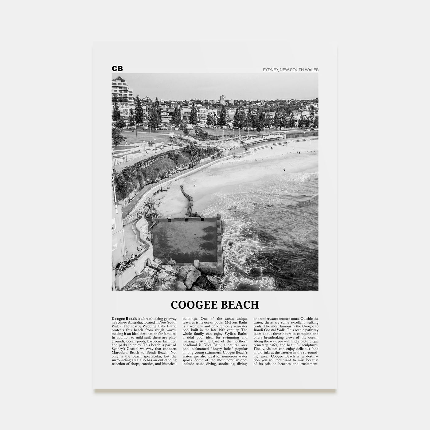Coogee Beach Travel B&W No 1 Poster