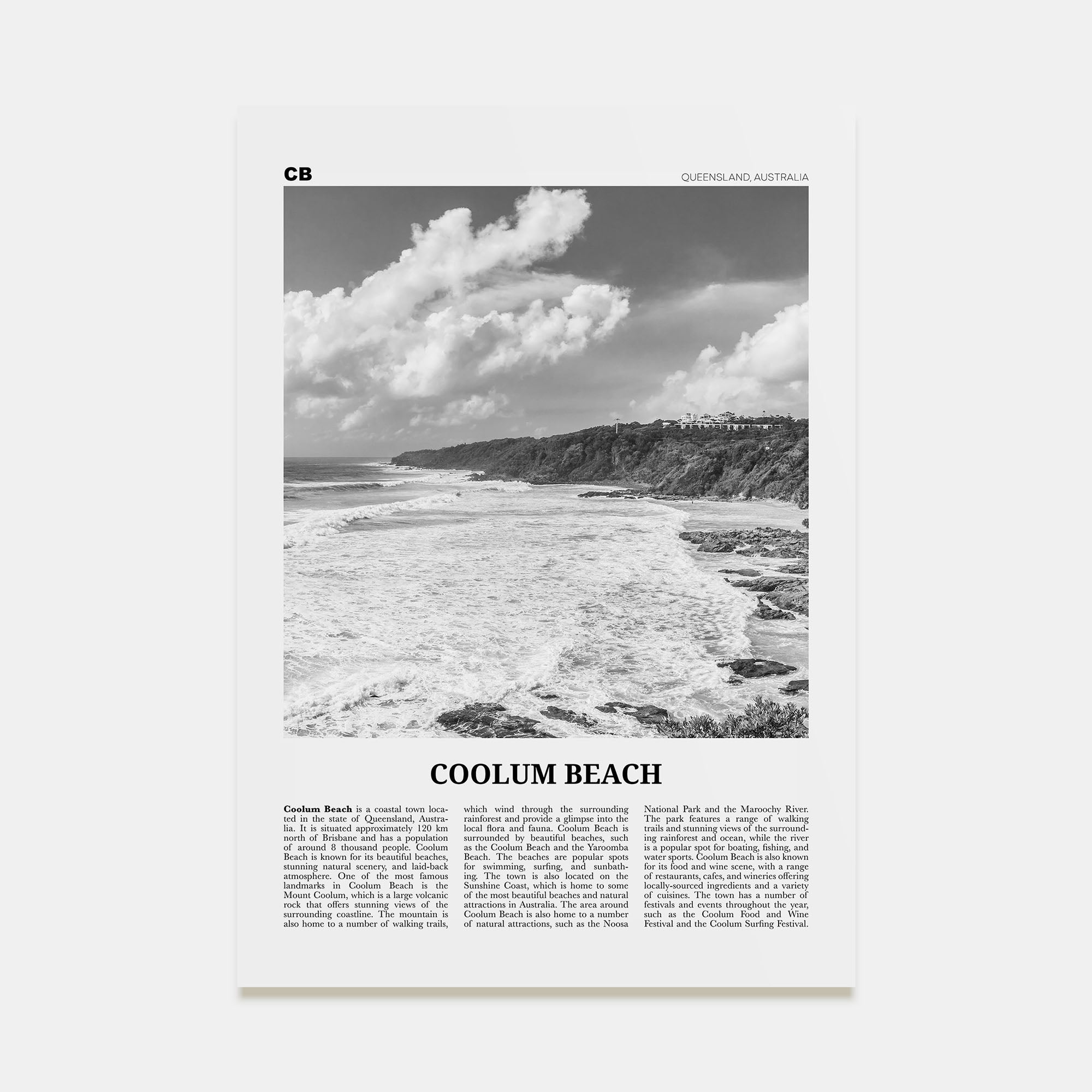 Coolum Beach Travel B&W Poster