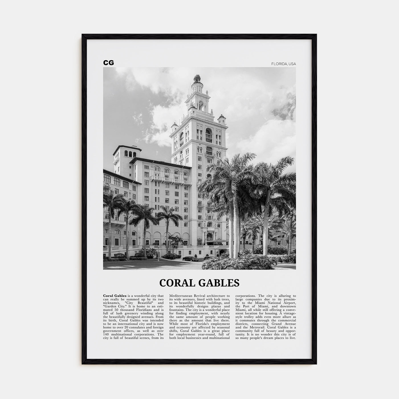 Coral Gables Travel B&W Poster