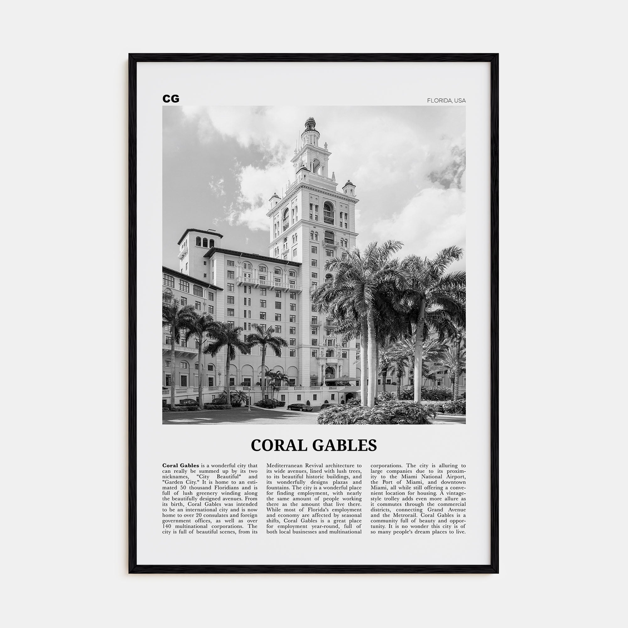 Coral Gables Travel B&W Poster