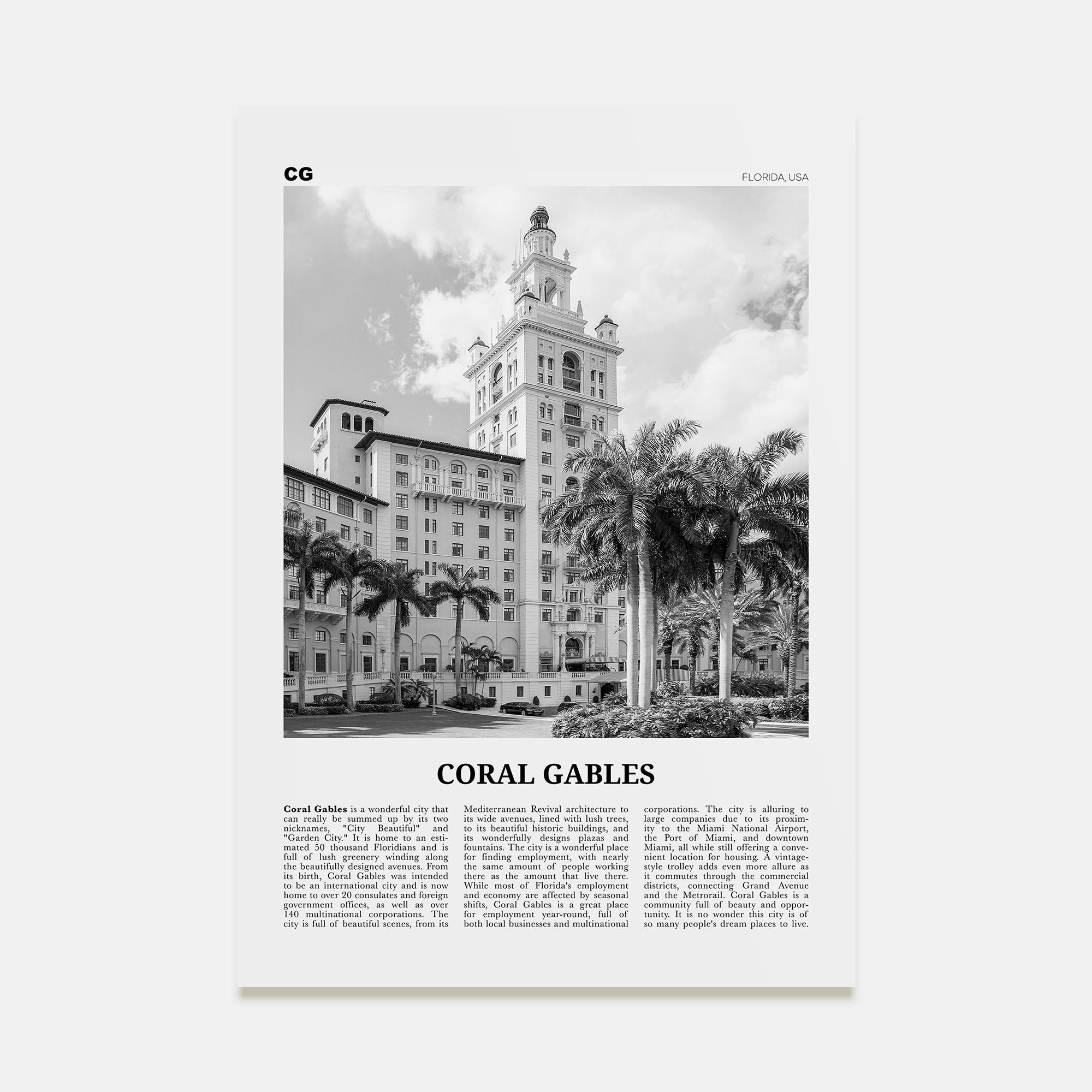Coral Gables Travel B&W Poster