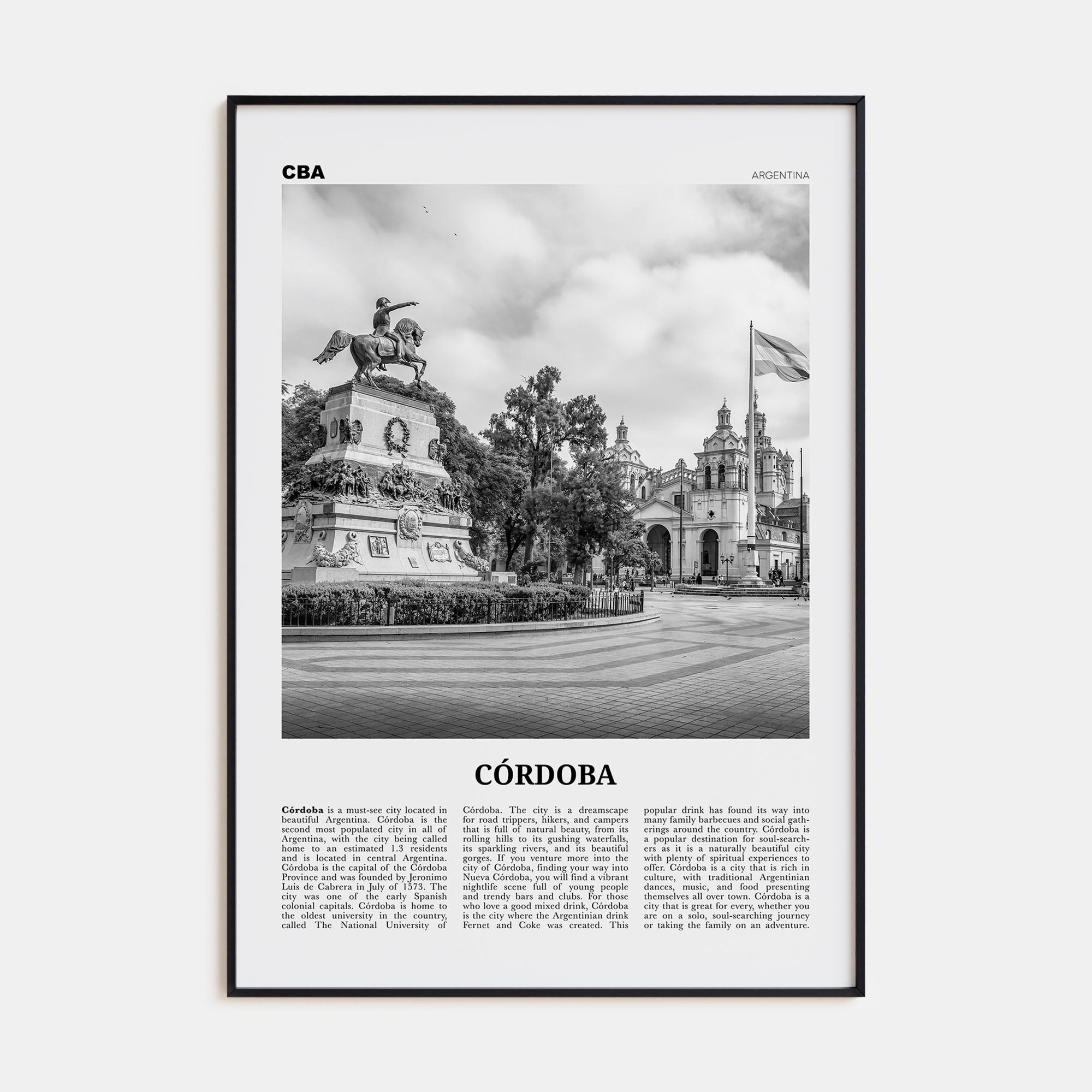 Córdoba, Argentina Travel B&W Poster