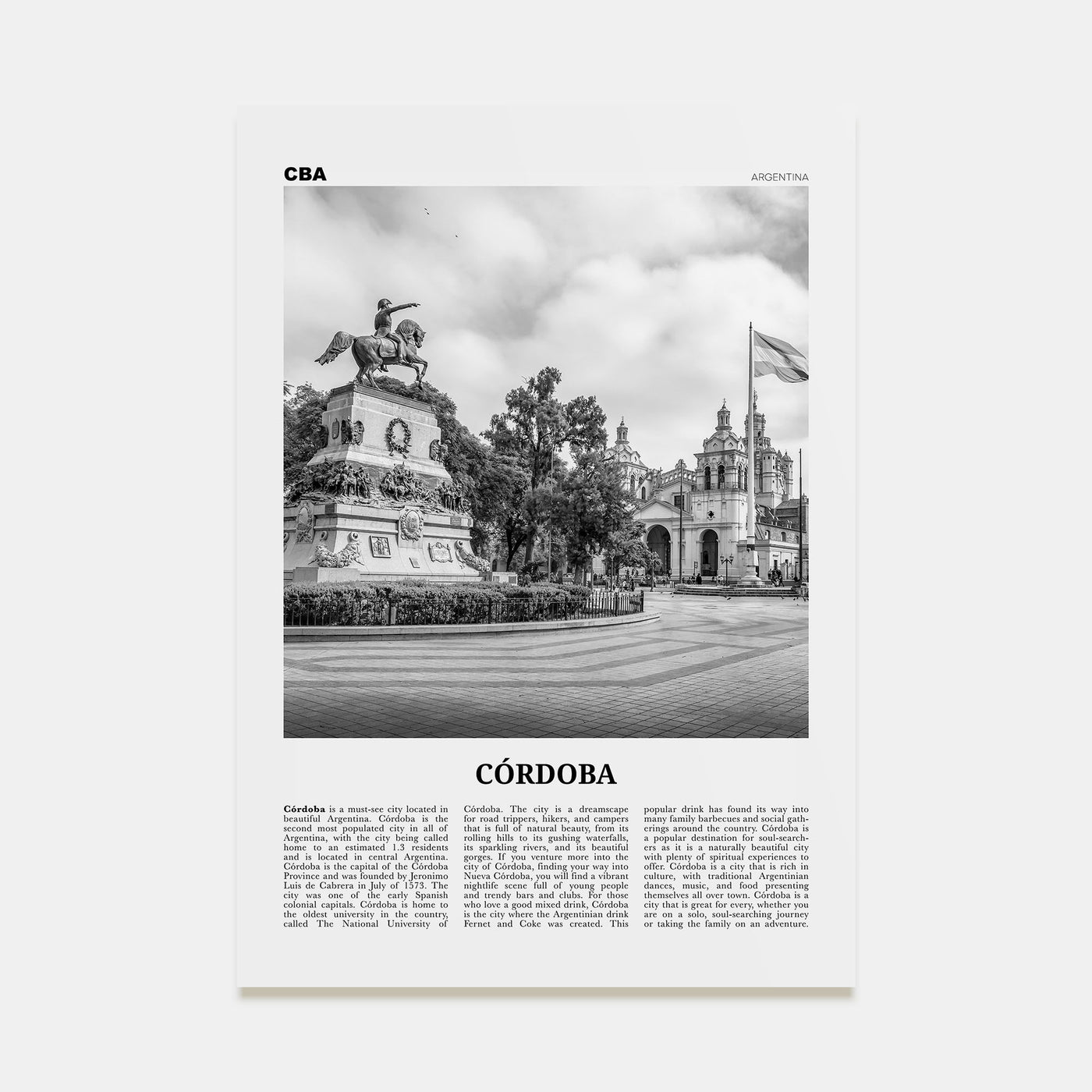 Córdoba, Argentina Travel B&W Poster