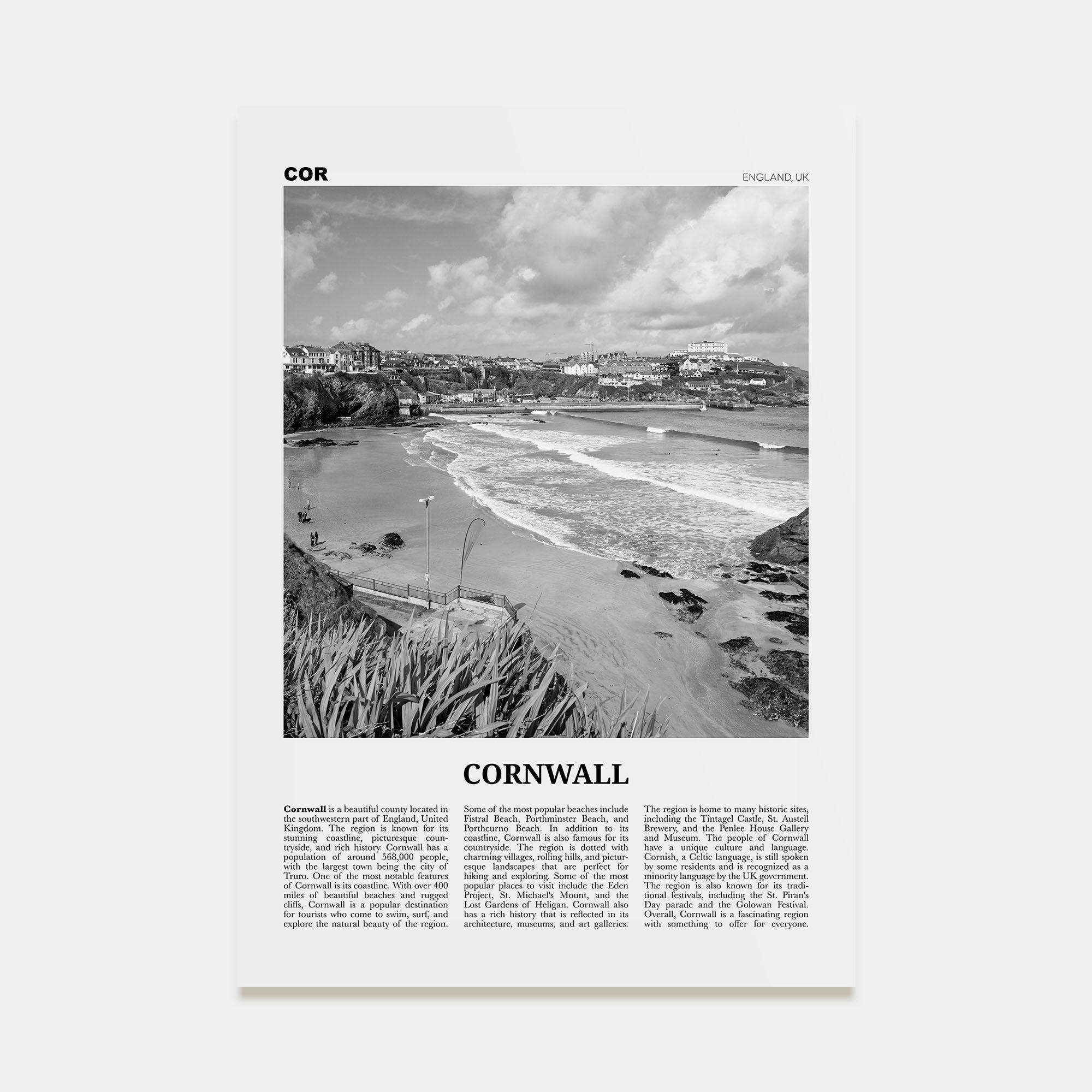 Cornwall Travel B&W Poster