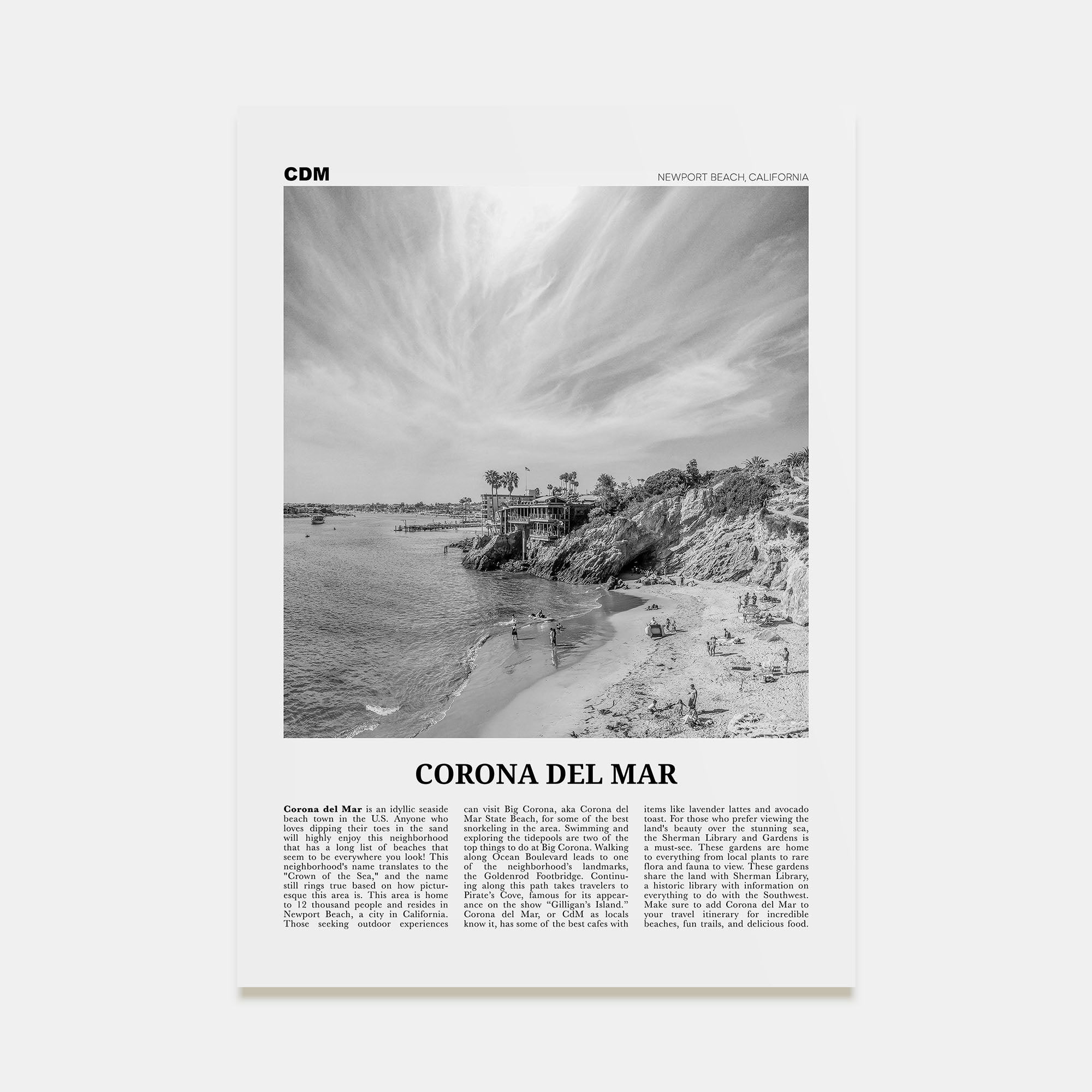 Corona del Mar Travel B&W Poster