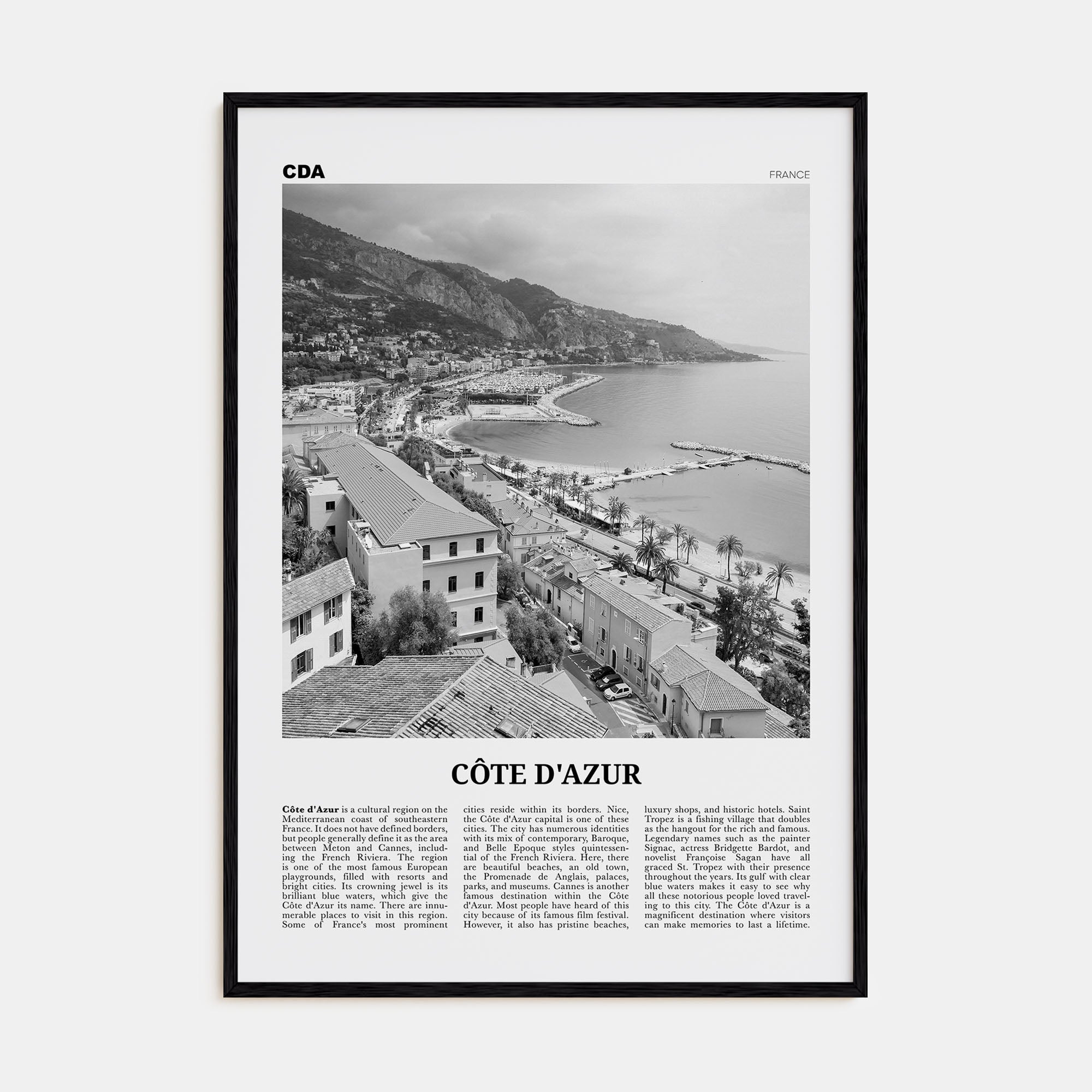 Cote d'Azur Travel B&W Poster