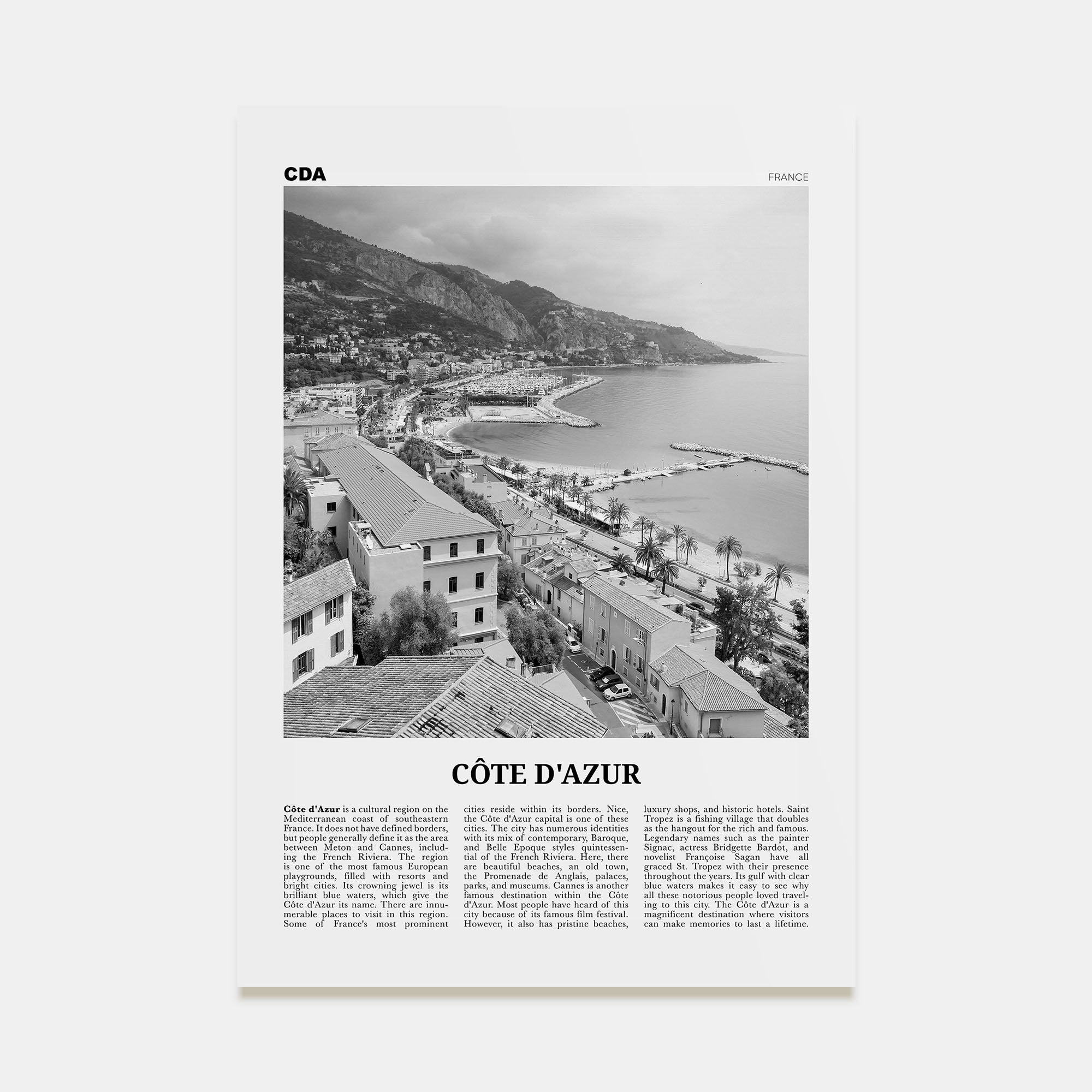 Cote d'Azur Travel B&W Poster