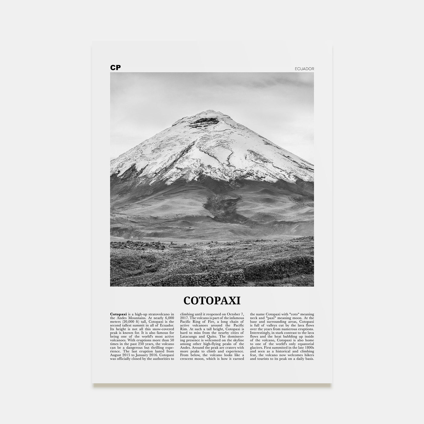 Cotopaxi Travel B&W Poster