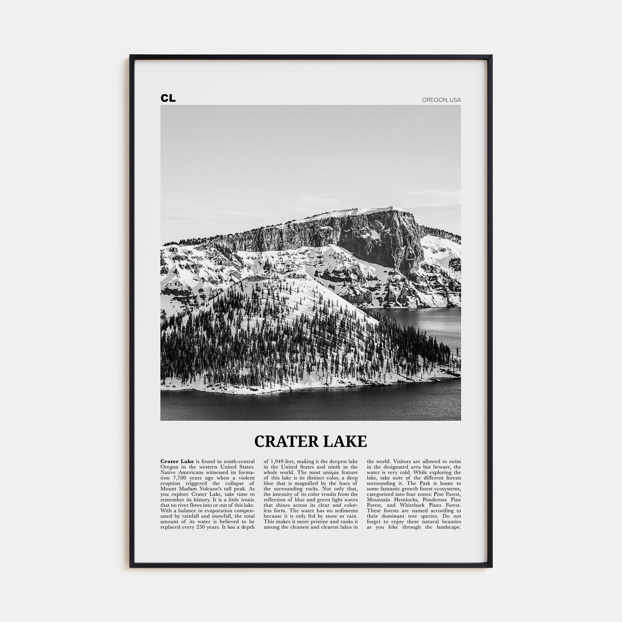 Crater Lake Travel B&W Poster