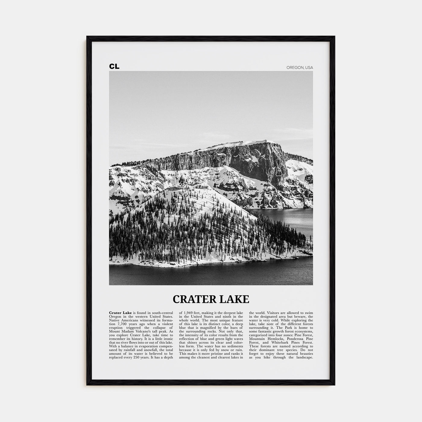 Crater Lake Travel B&W Poster