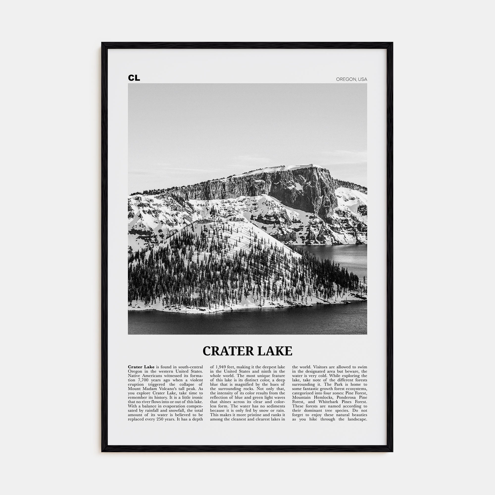 Crater Lake Travel B&W Poster