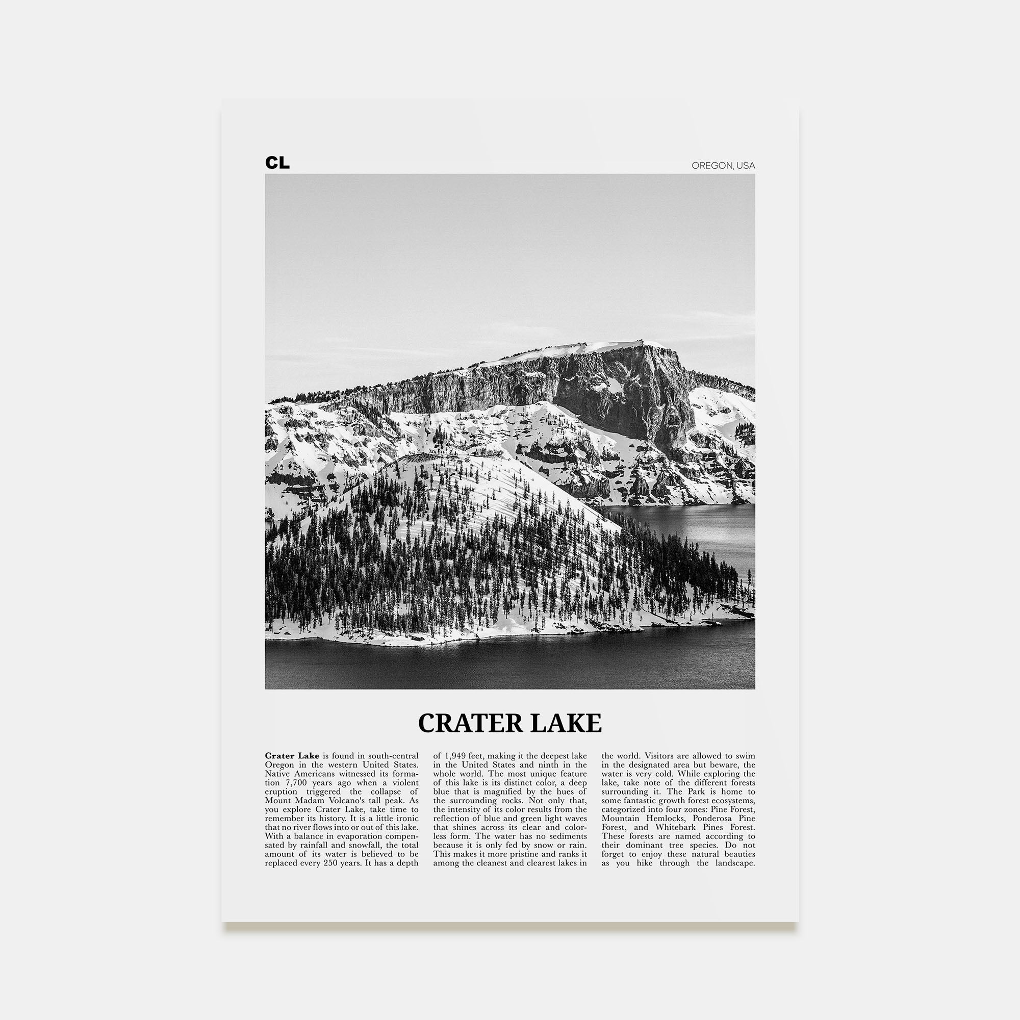 Crater Lake Travel B&W Poster