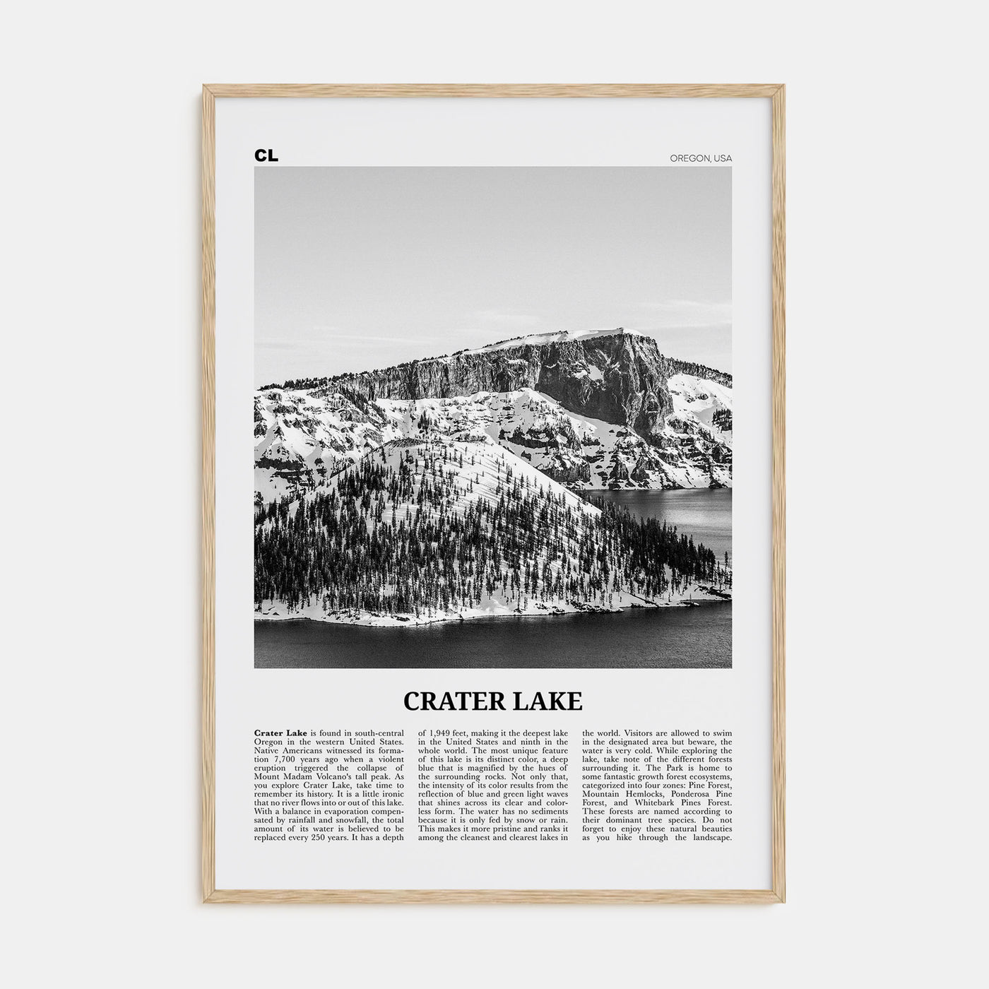 Crater Lake Travel B&W Poster