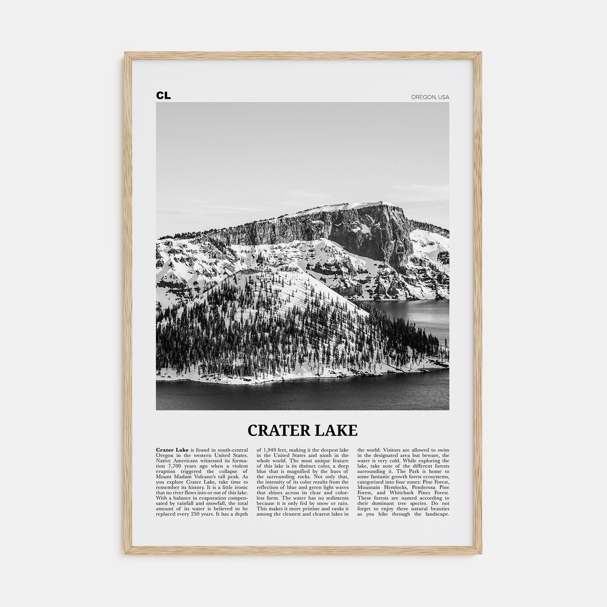 Crater Lake Travel B&W Poster