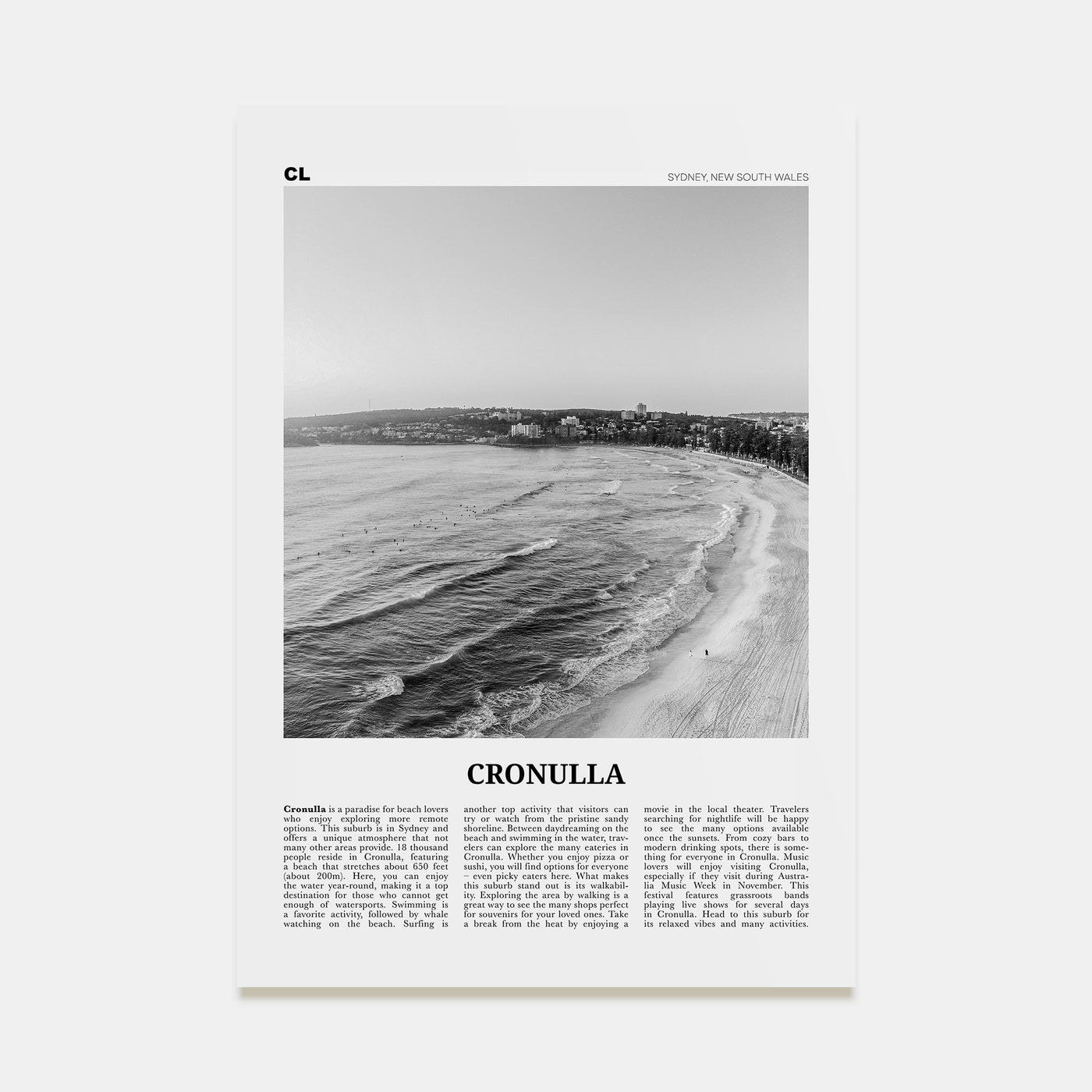 Cronulla Travel B&W Poster