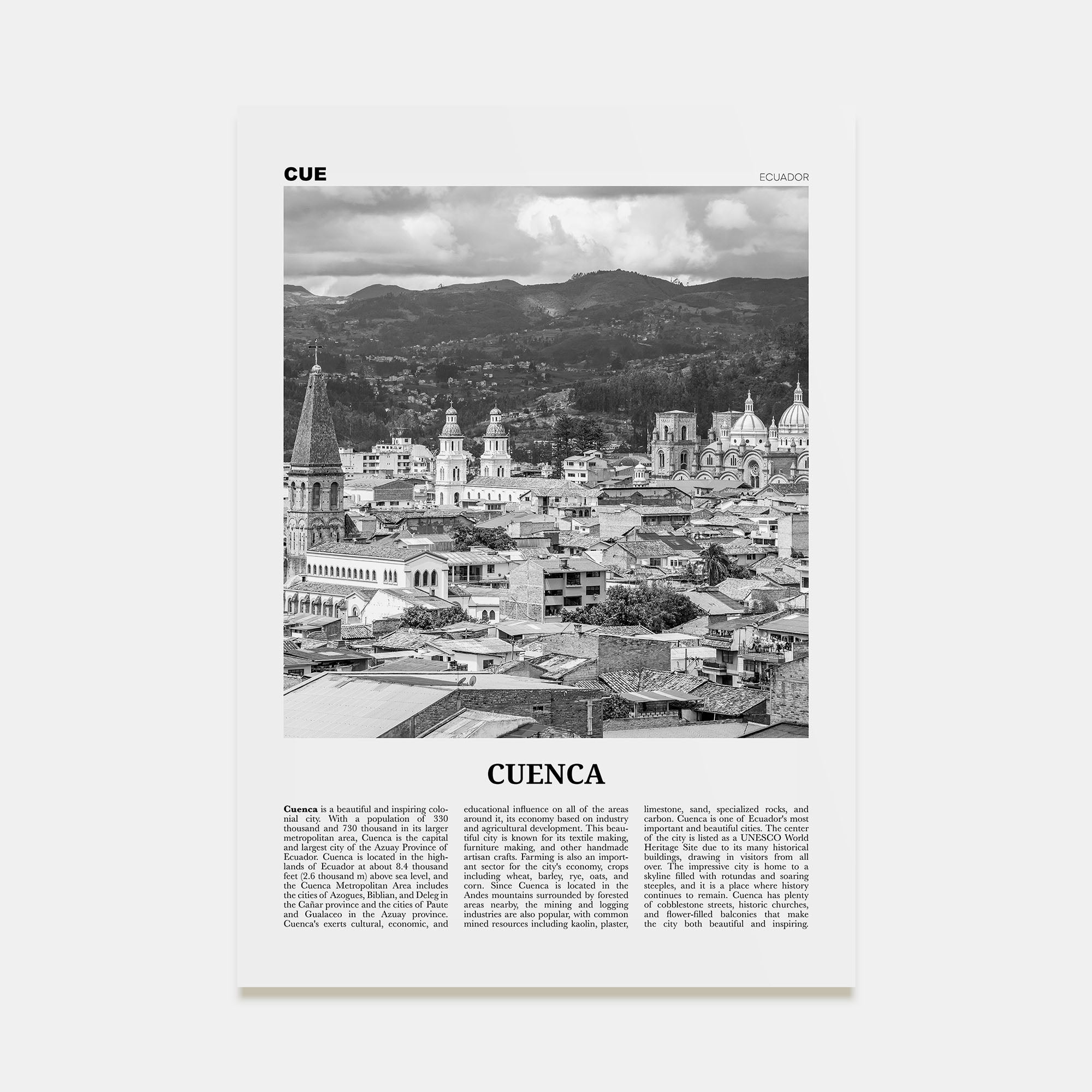 Cuenca, Ecuador Travel B&W Poster