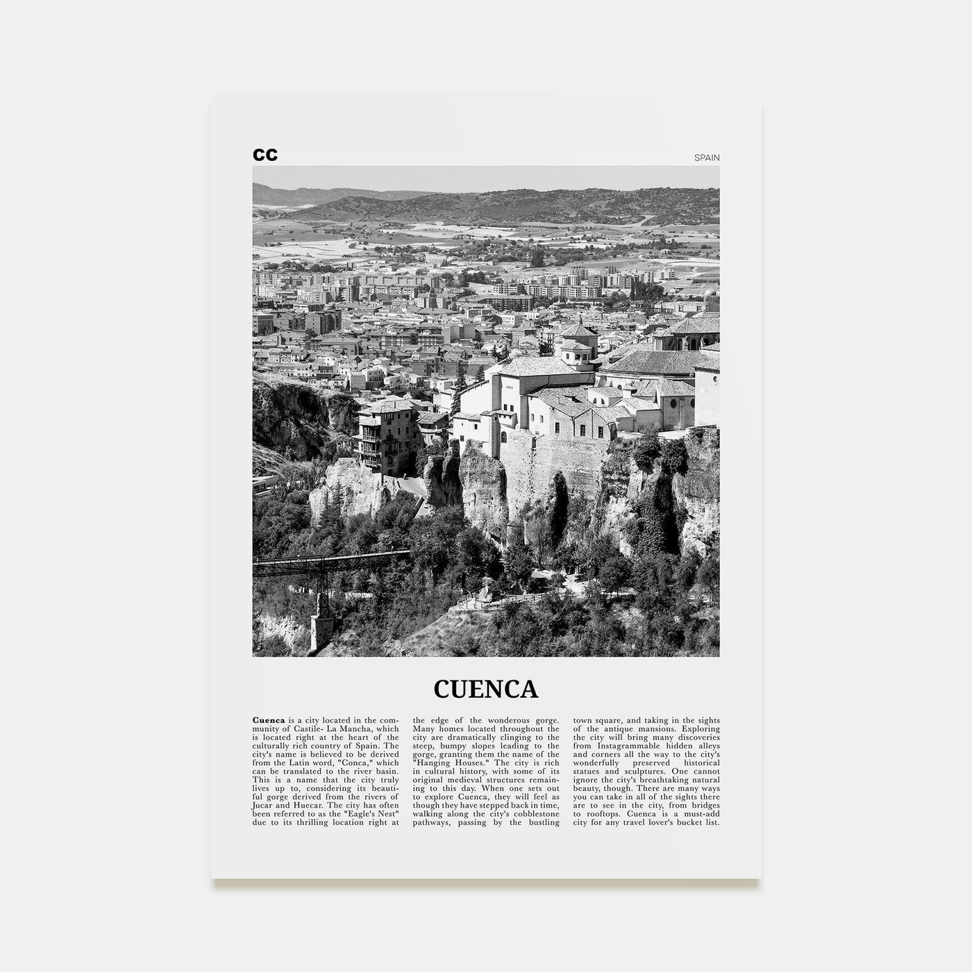 Cuenca, Spain Travel B&W Poster