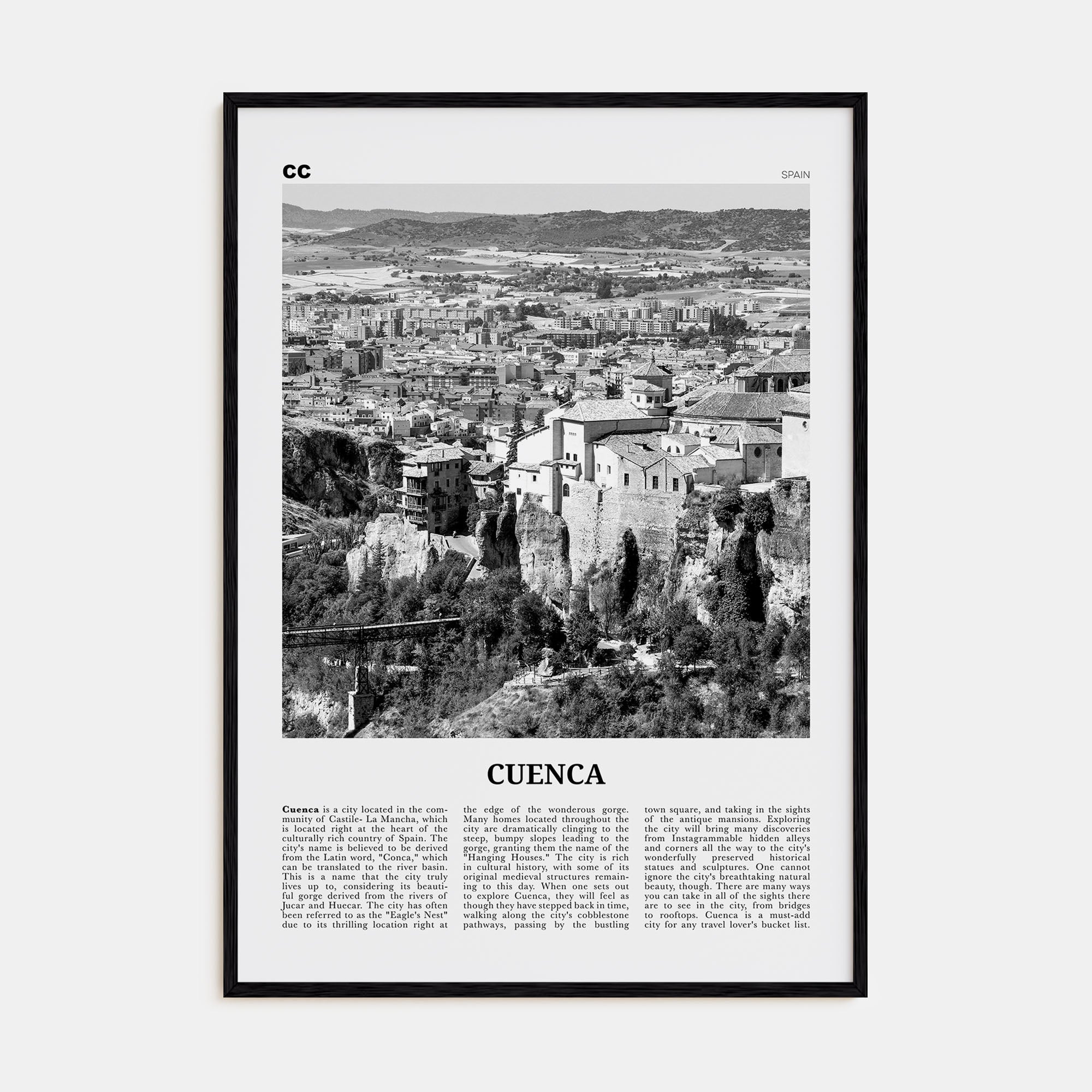 Cuenca, Spain Travel B&W Poster