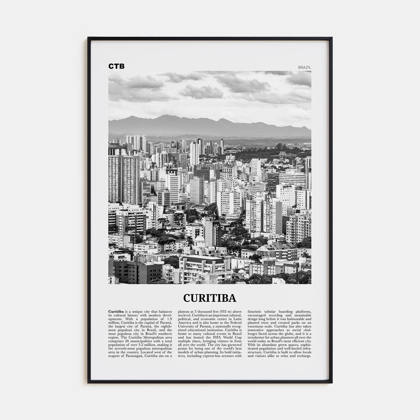 Curitiba Travel B&W Poster
