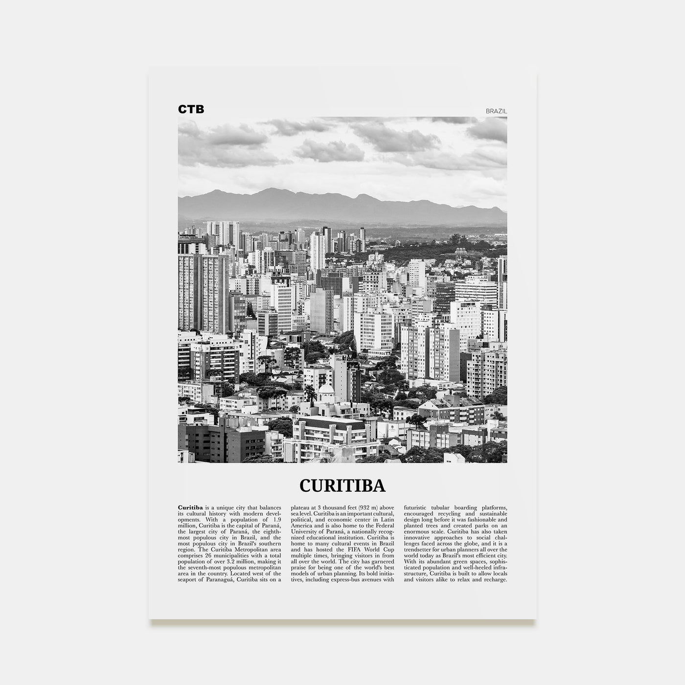 Curitiba Travel B&W Poster