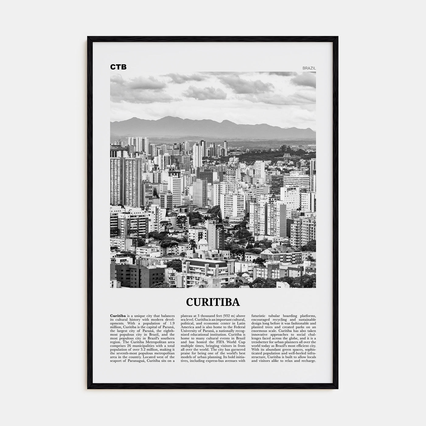 Curitiba Travel B&W Poster