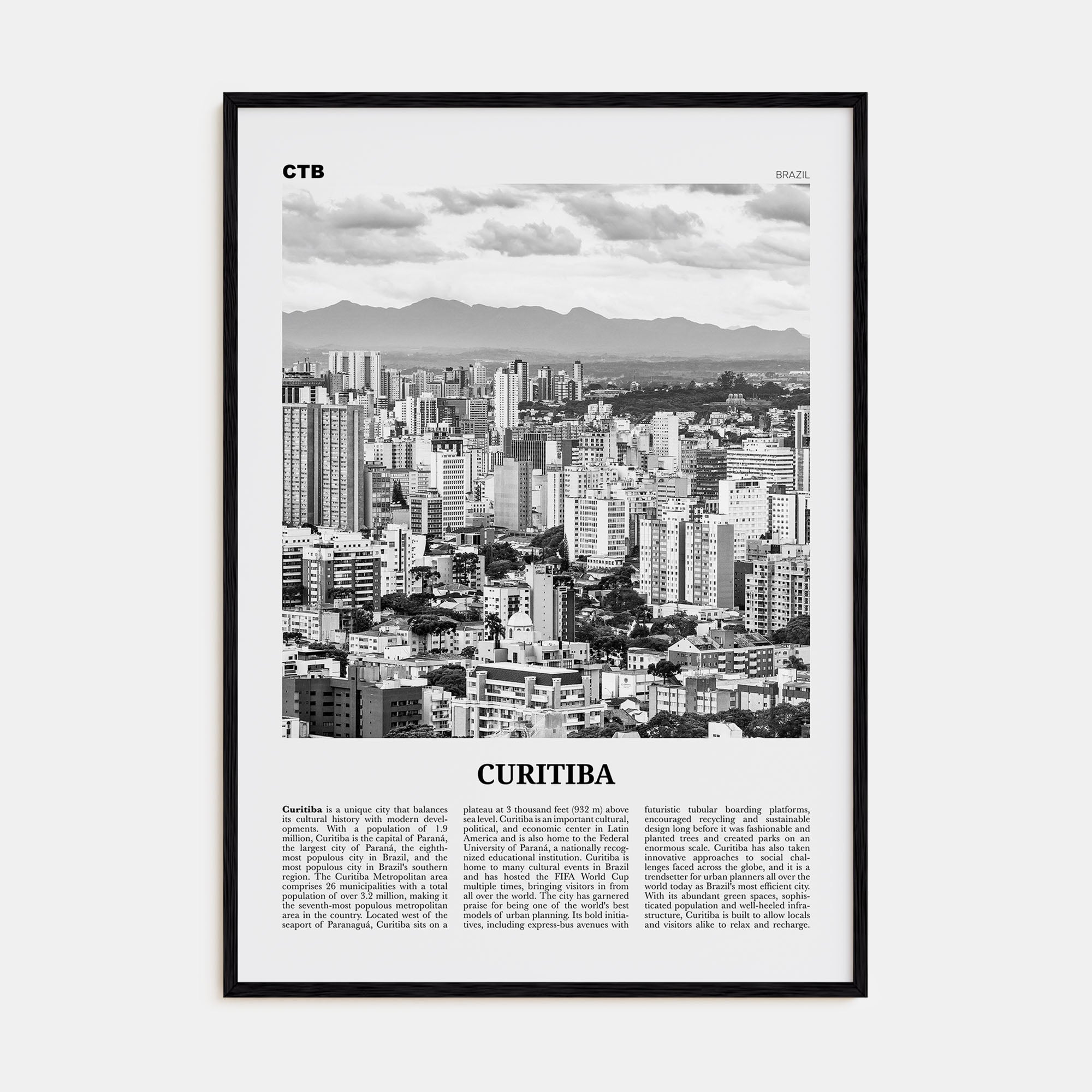 Curitiba Travel B&W Poster