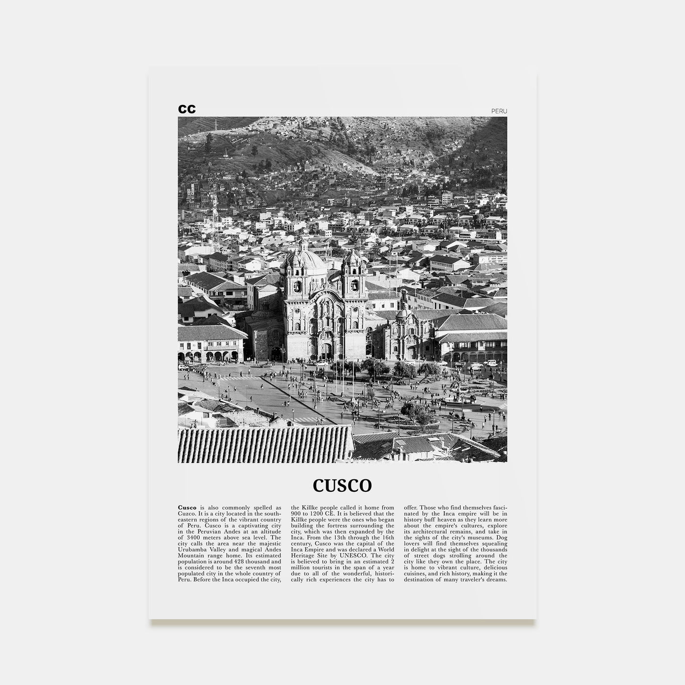 Cusco Travel B&W Poster