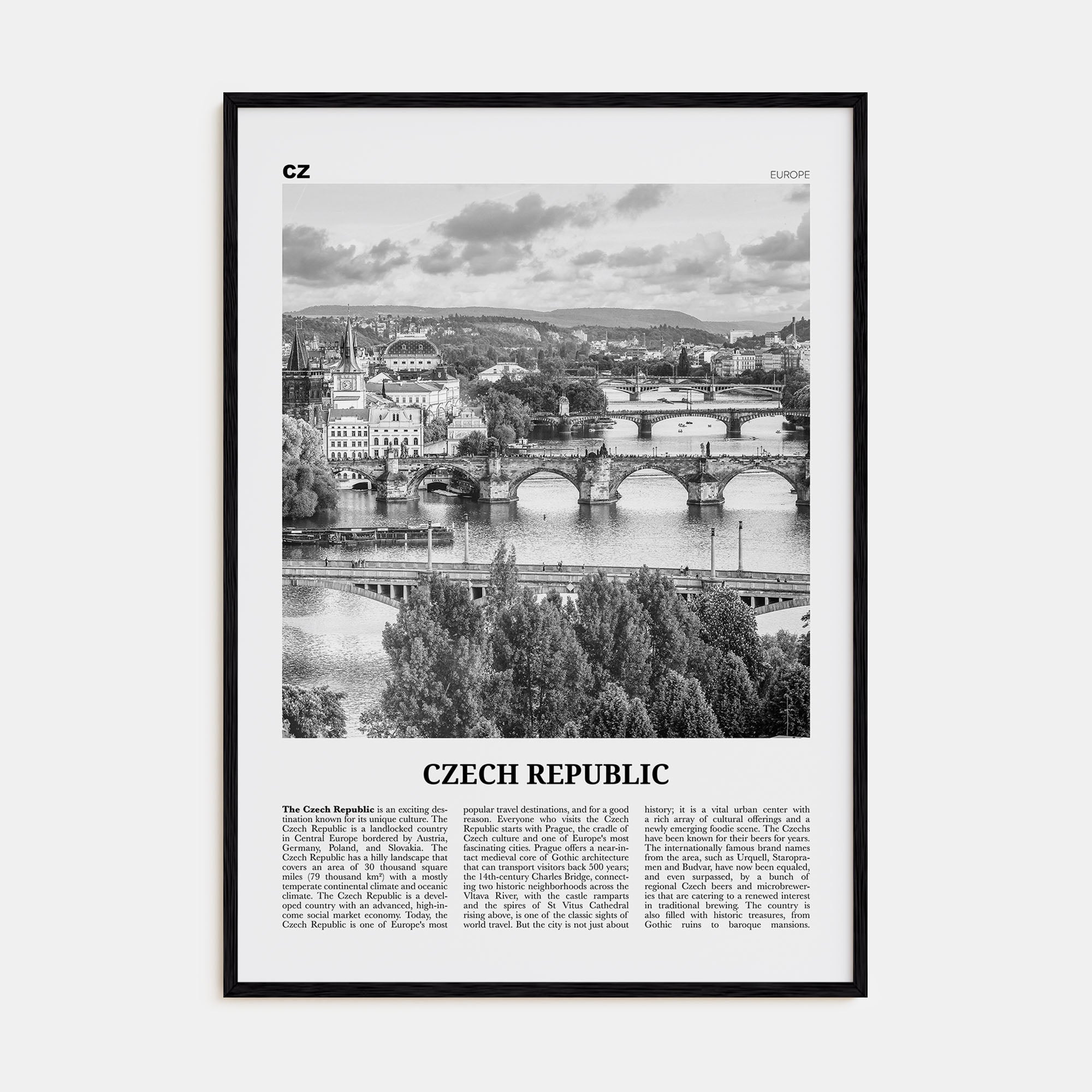 Czech Republic Travel B&W Poster