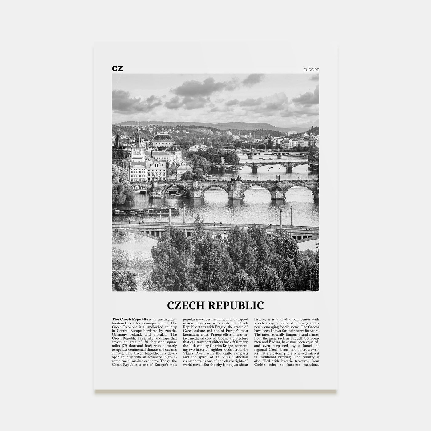 Czech Republic Travel B&W Poster