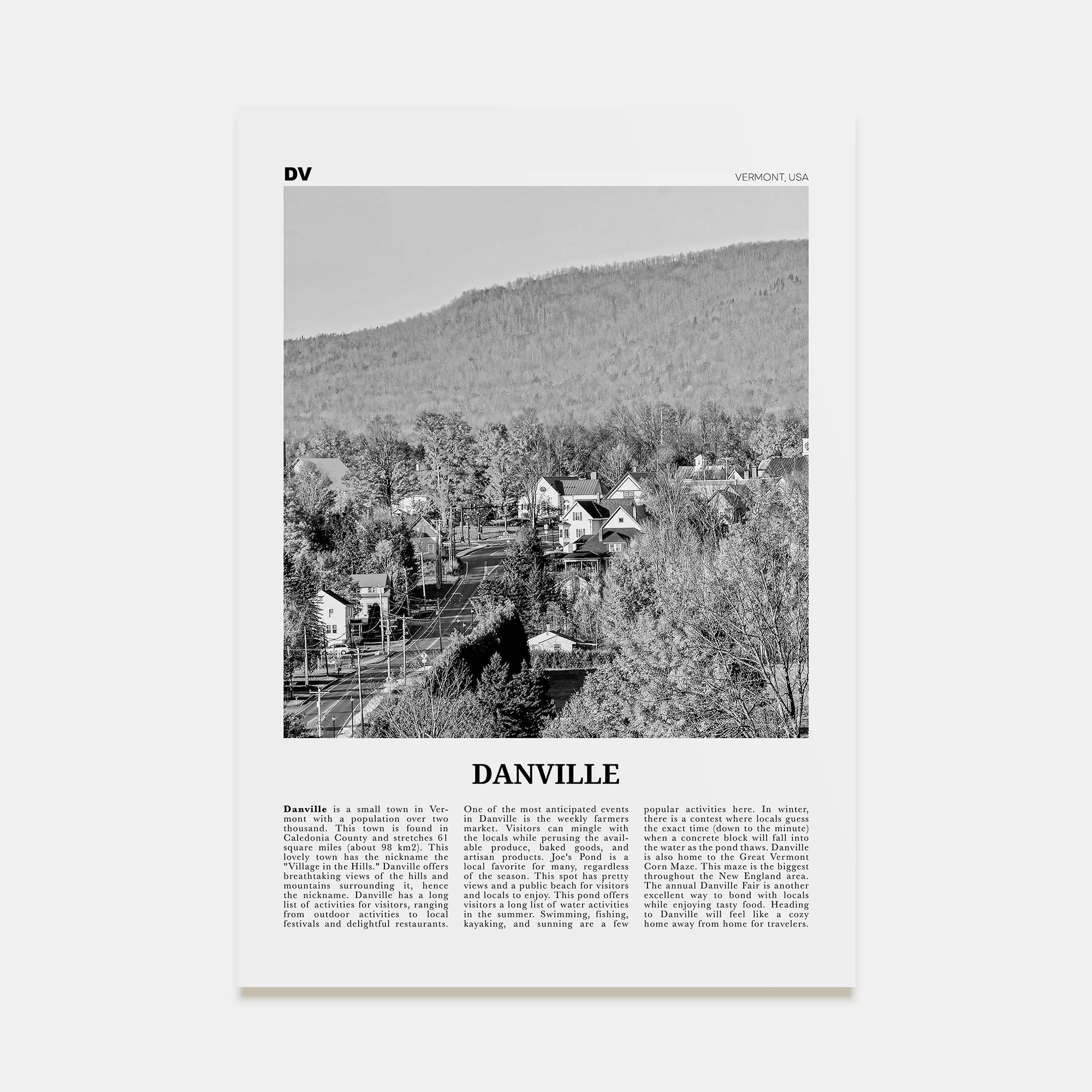 Danville, Vermont Travel B&W Poster