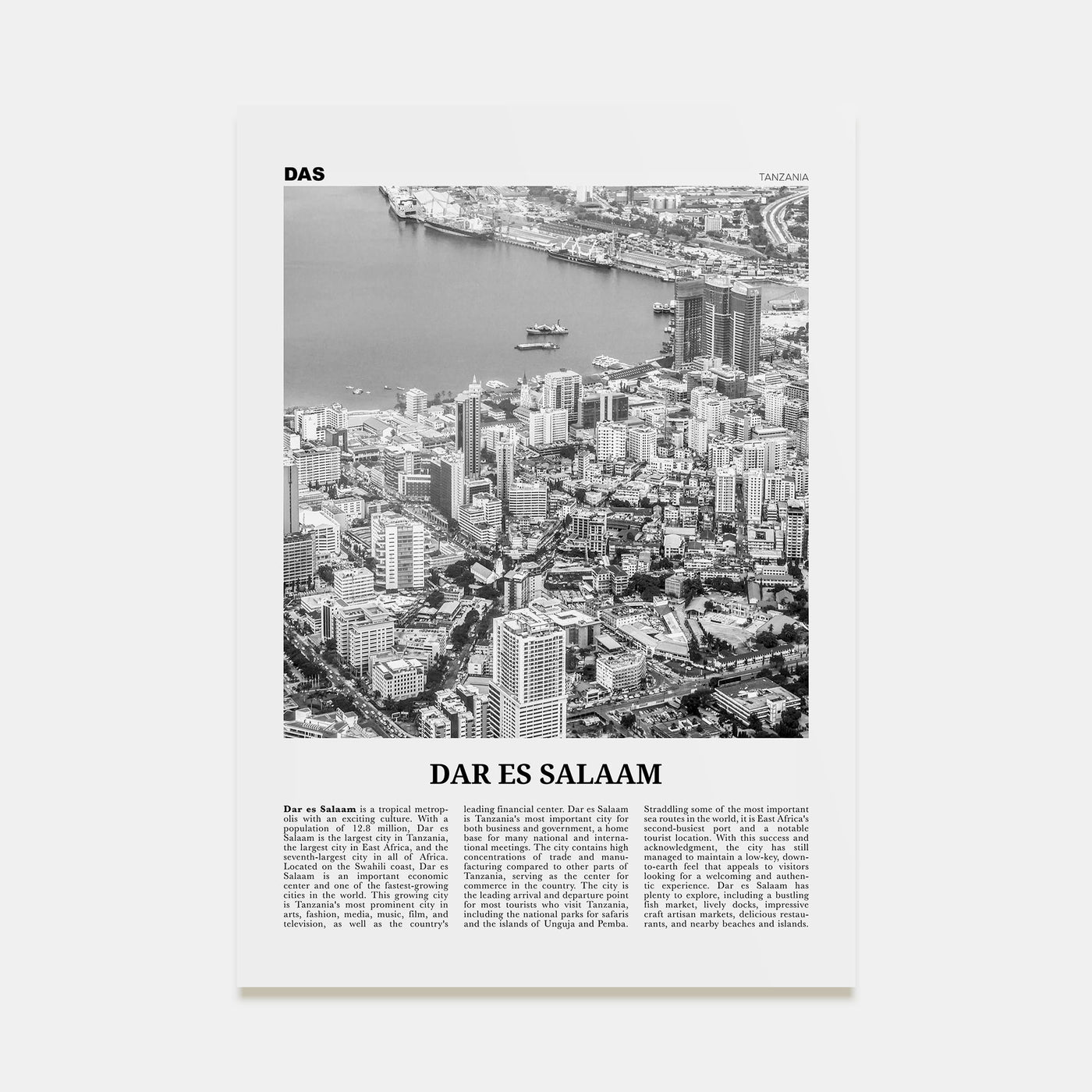 Dar es Salaam Travel B&W Poster