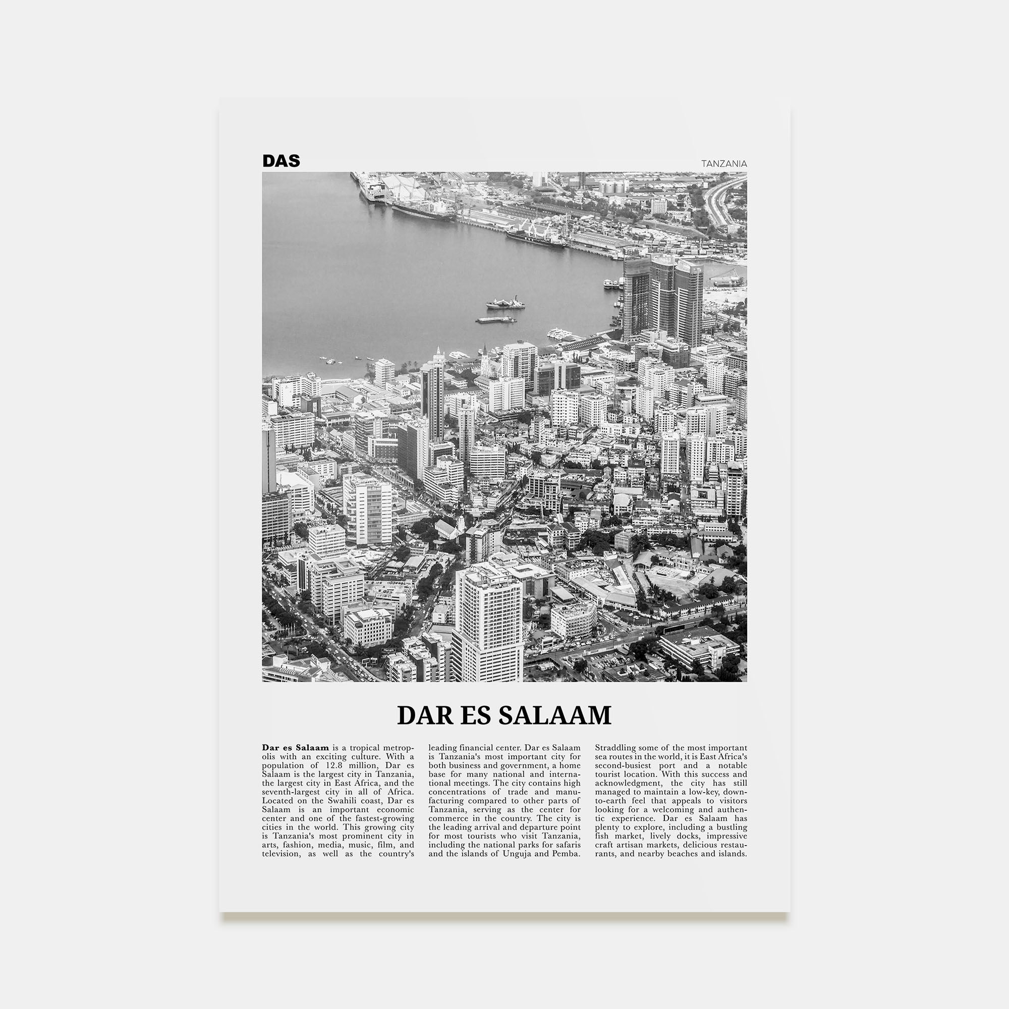 Dar es Salaam Travel B&W Poster
