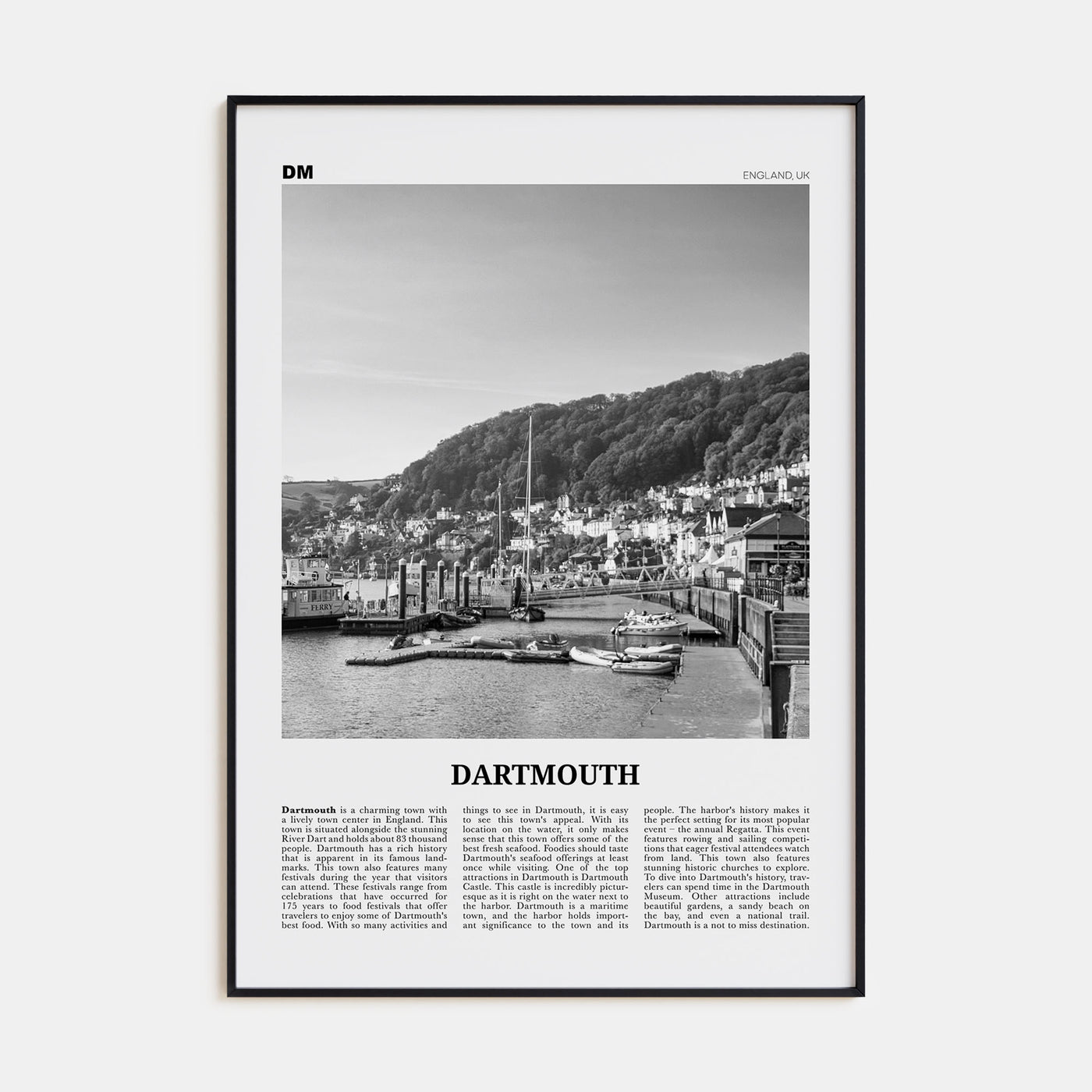 Dartmouth, England Travel B&W Poster