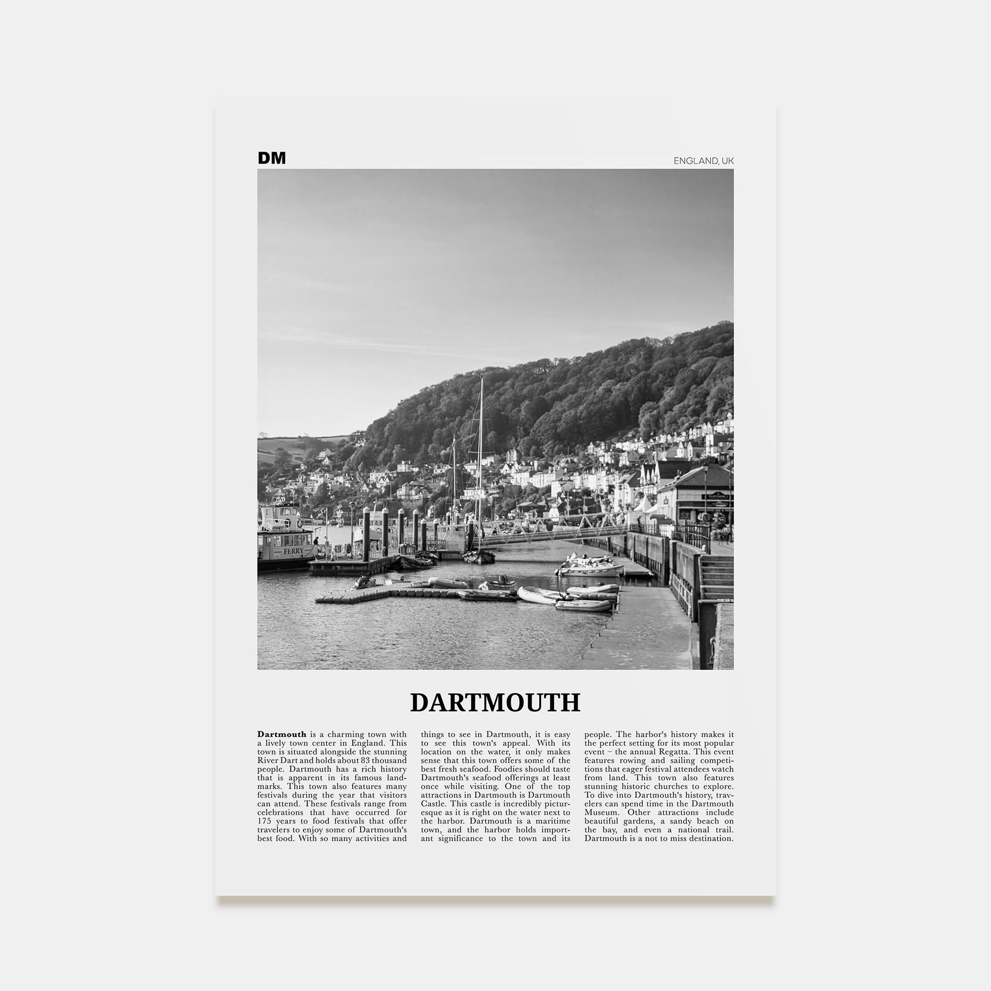 Dartmouth, England Travel B&W Poster