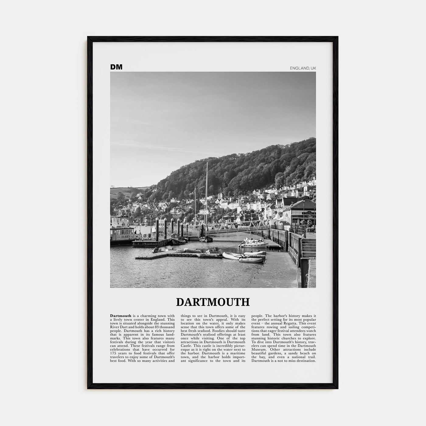 Dartmouth, England Travel B&W Poster